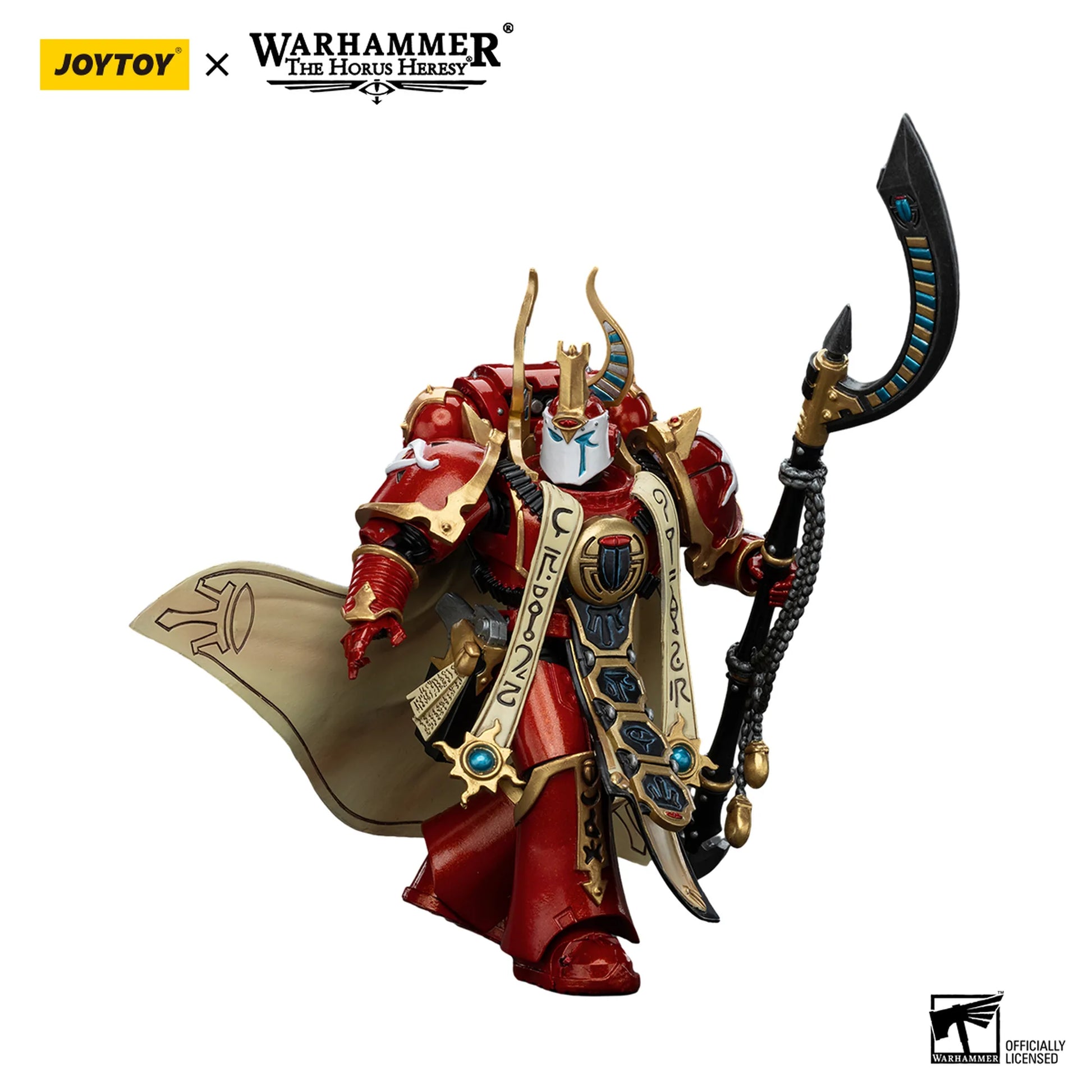 Warhammer figurine with ornate armor and weapon on a white background, featuring Joytoy and Warhammer logos.