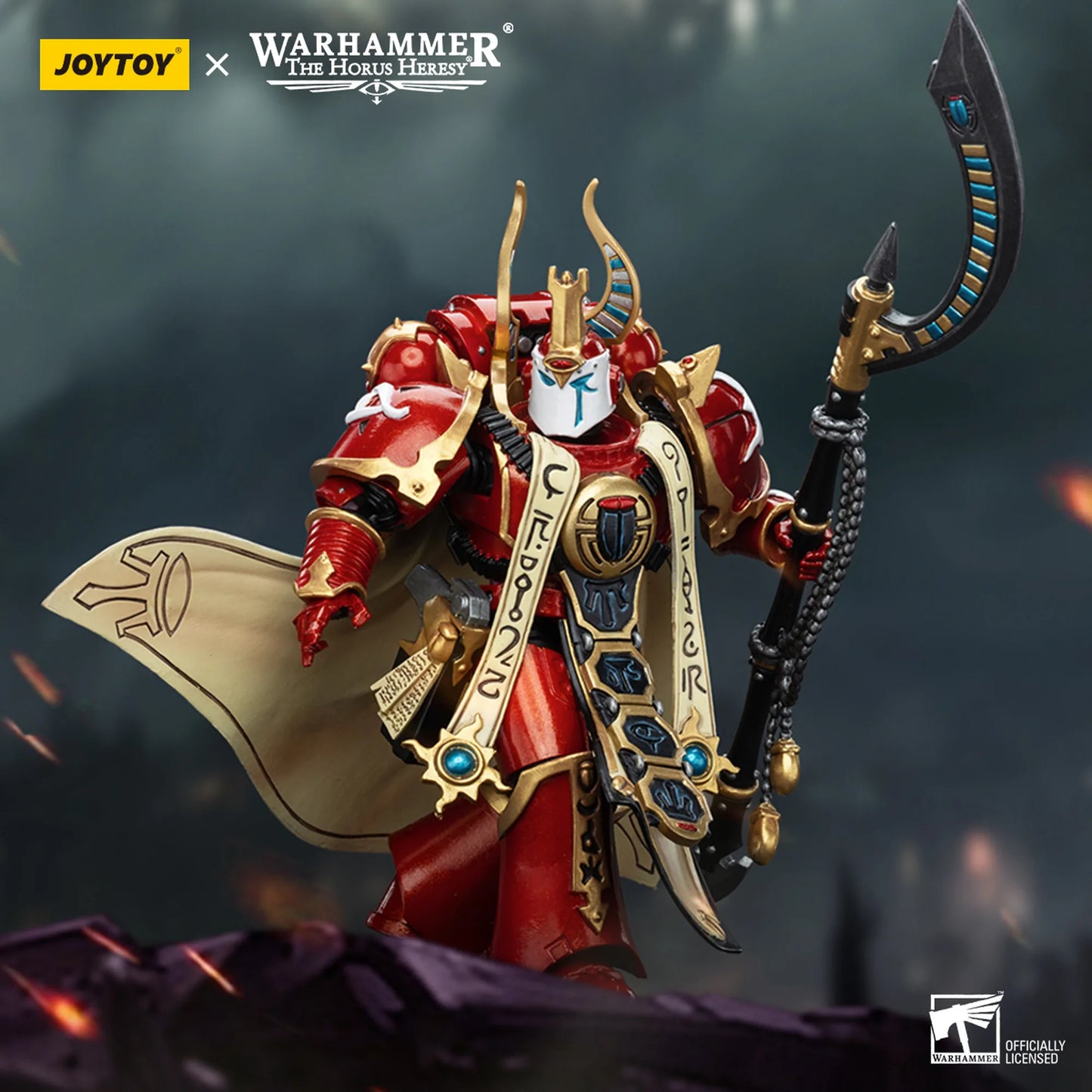 Warhammer figurine with ornate armor and weapons against a dark background