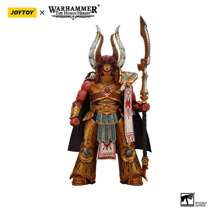 Warhammer figurine with ornate armor and banner, featuring Joytoy and Warhammer branding.