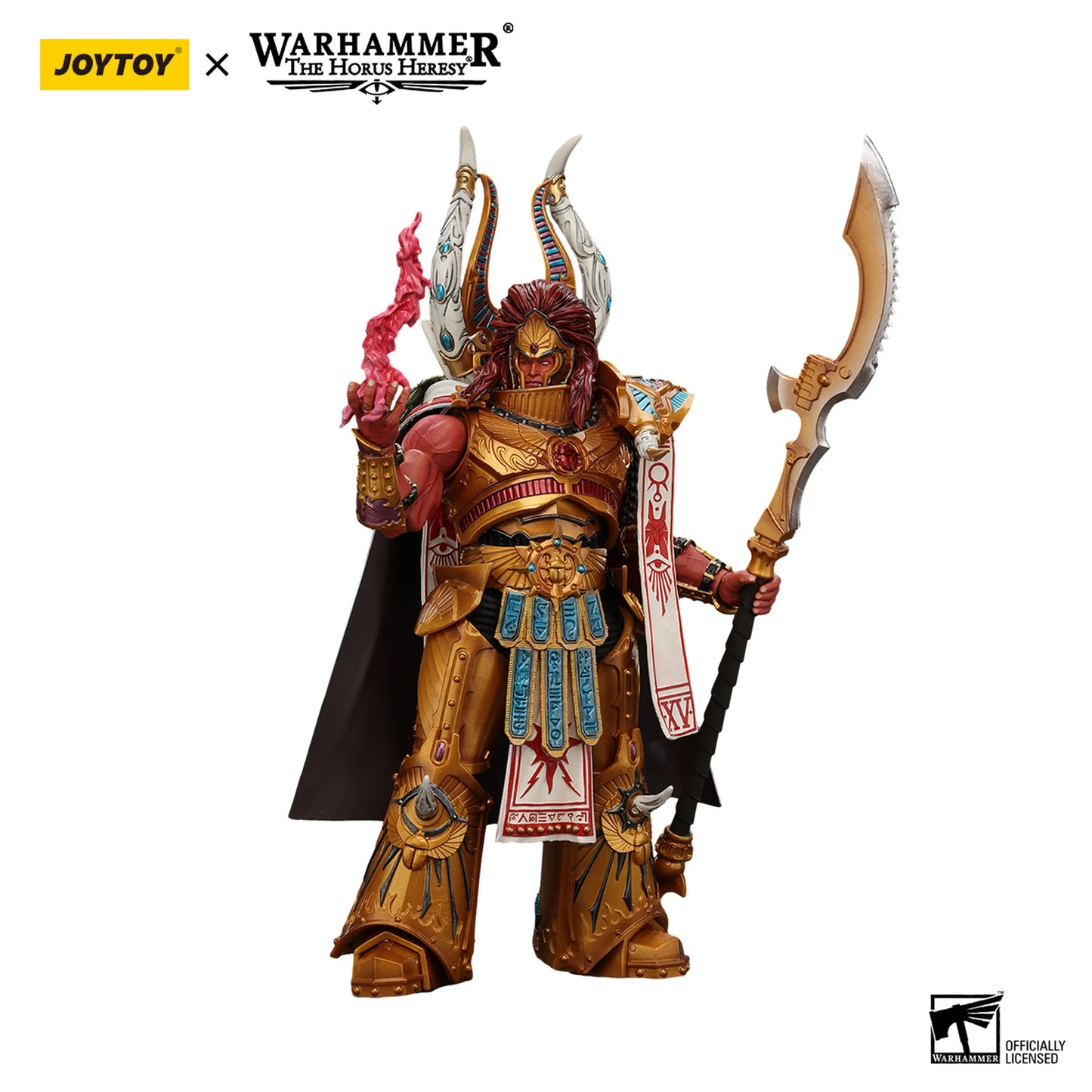 Warhammer figurine with ornate armor and weapon on a white background, featuring Joytoy and Warhammer logos.