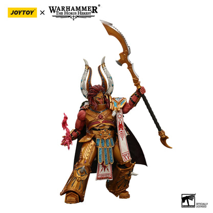 Warhammer figurine with ornate armor and weapon on a white background, featuring JoyToy and Warhammer logos.