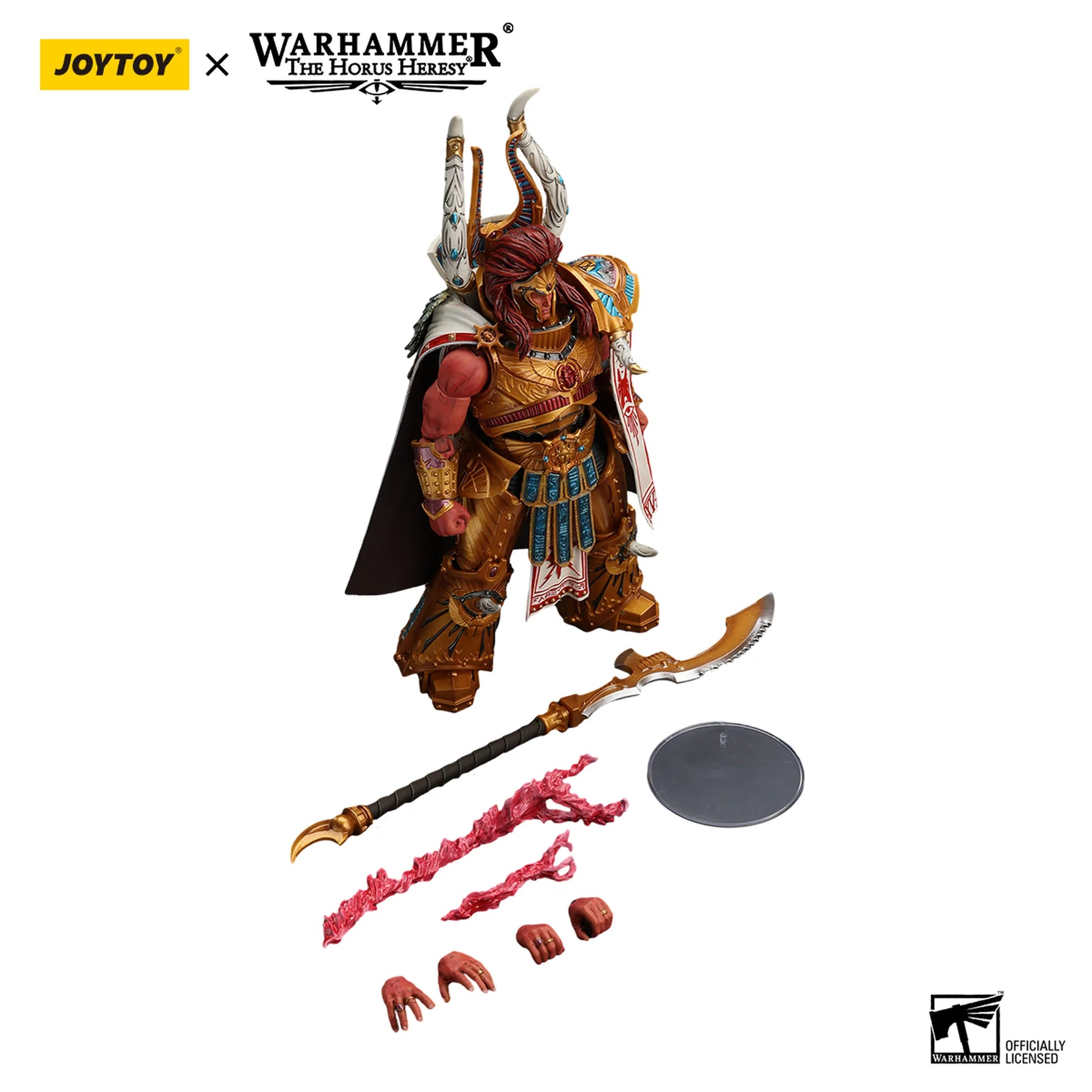 Warhammer figurine with accessories on a white background, featuring Joytoy and Warhammer logos.