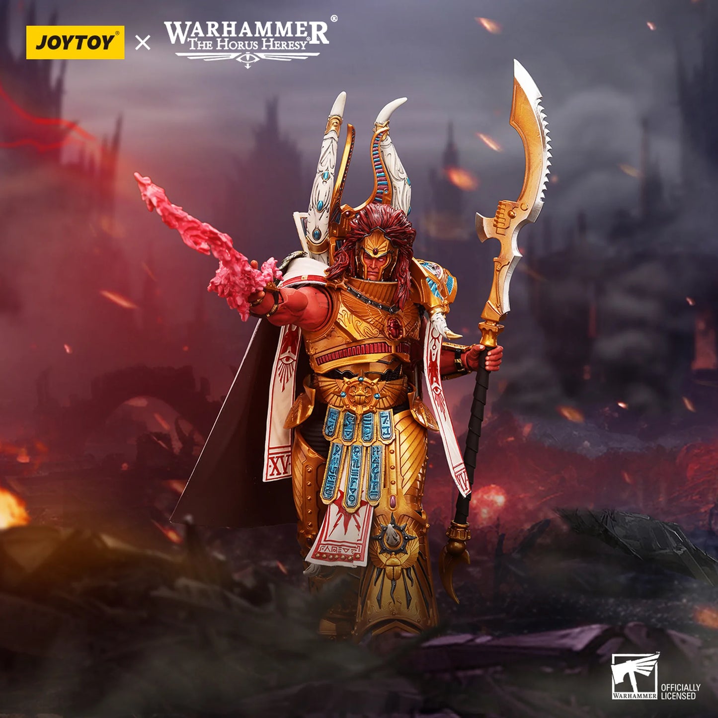 Warhammer figurine with ornate armor and weapons, featuring Joytoy branding.