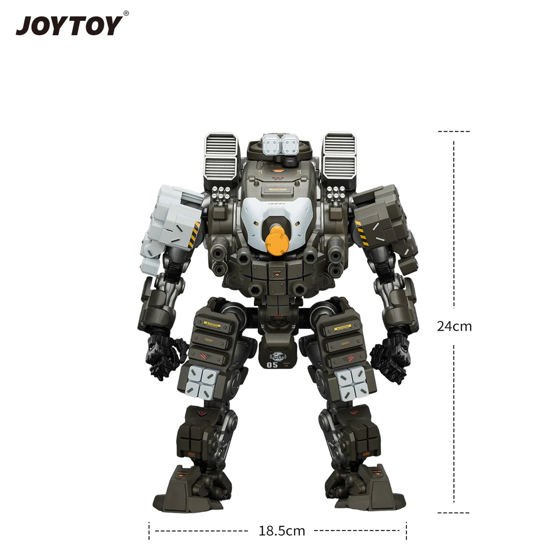 Toy robot figure with dimensions on a white background, featuring the JOYTOY brand.