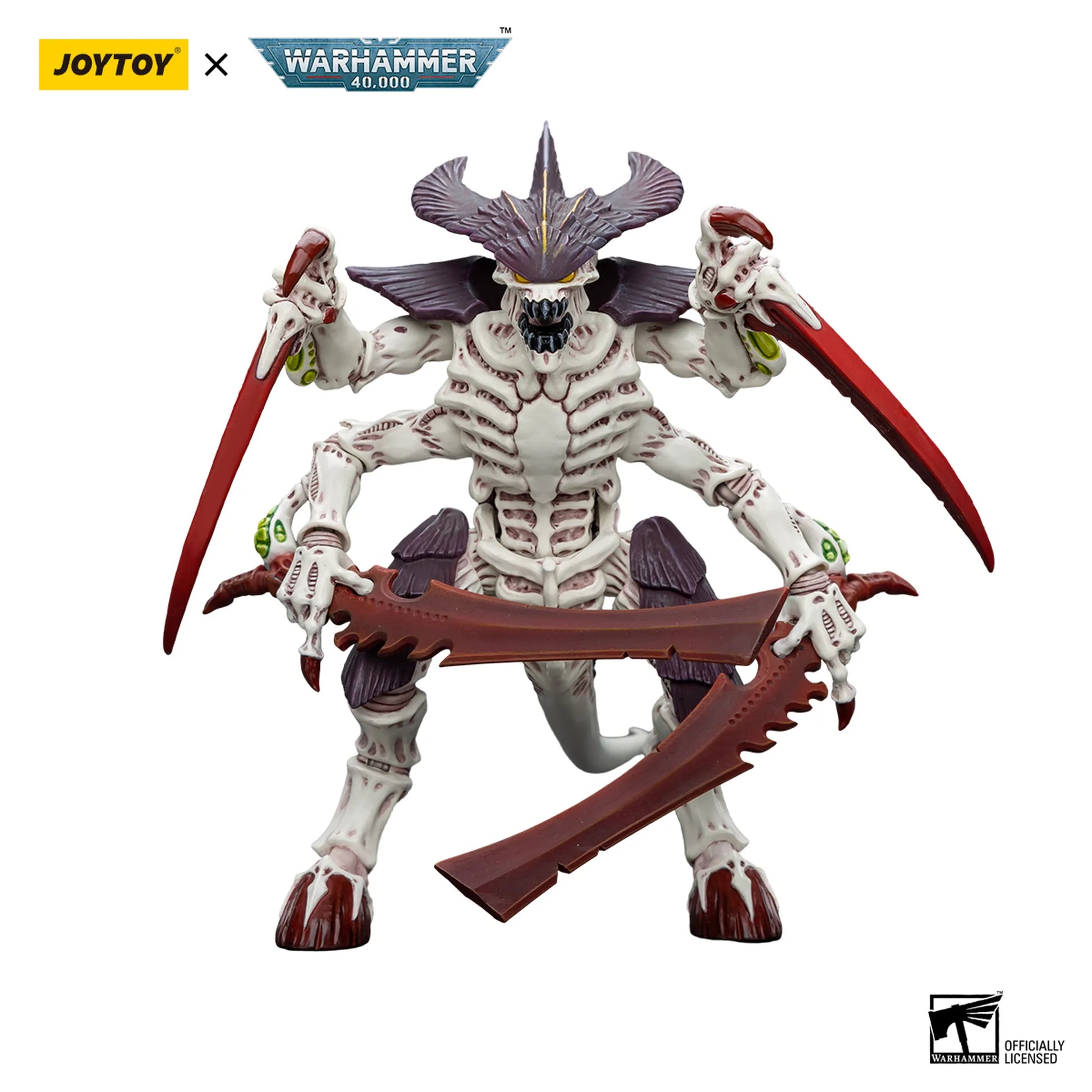 Toy figure with red and brown weapons on a white background, featuring Joytoy and Warhammer logos.