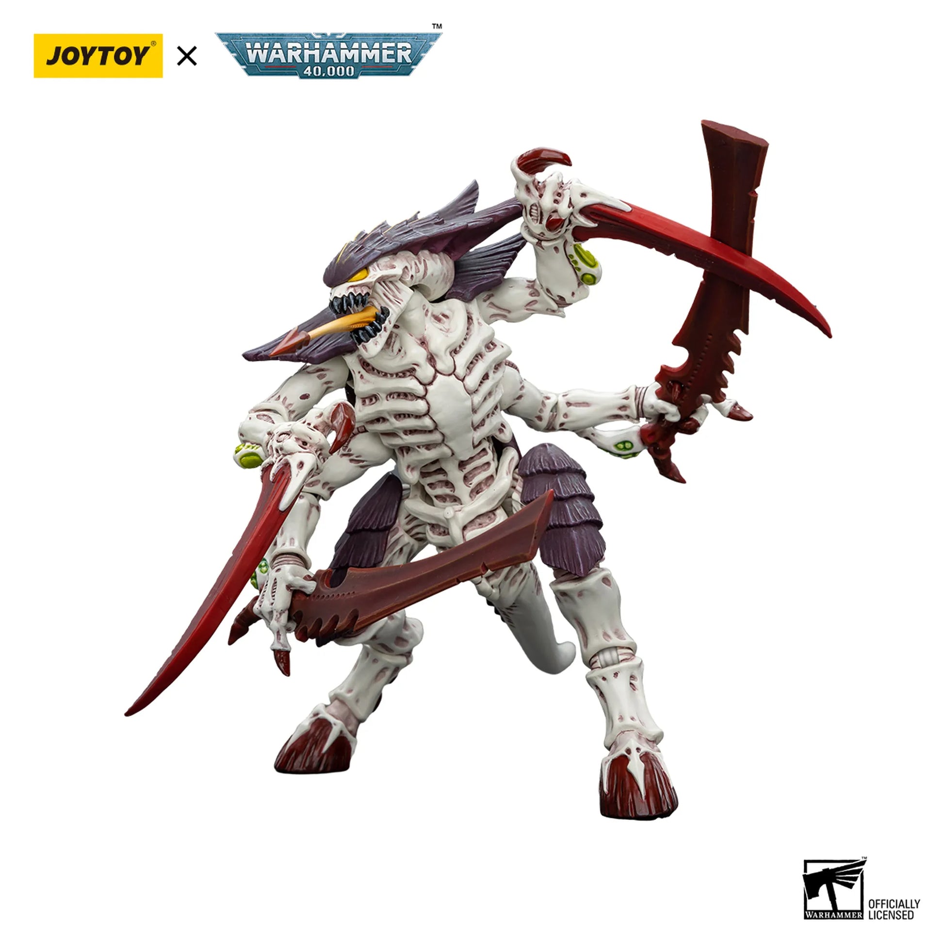 Toy figure with red weapons and detailed design on a white background, featuring Joytoy and Warhammer logos.
