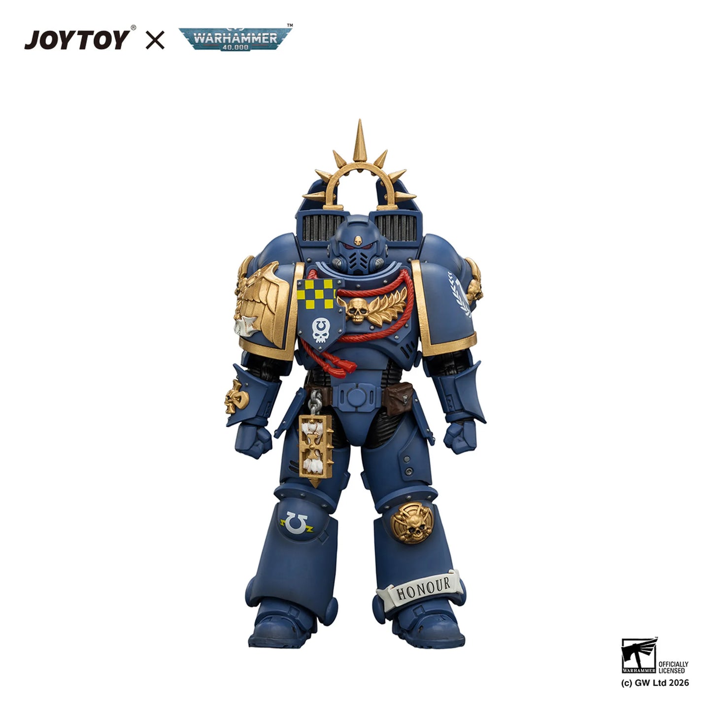 Toy figure with detailed armor and accessories on a white background, featuring JOYTOY and Warhammer logos.
