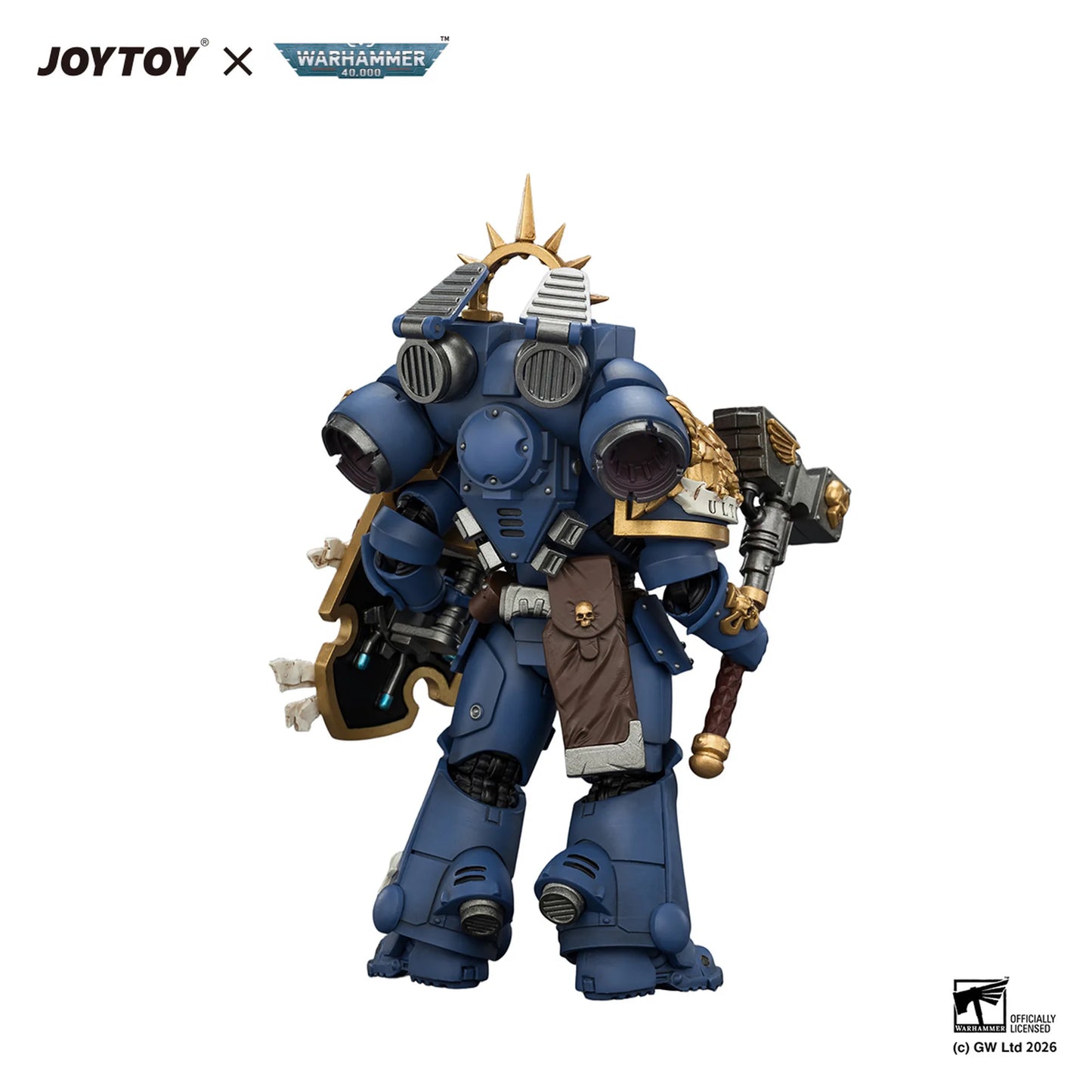 Toy figure of a warrior in blue armor with JOYTOY and Warhammer branding.