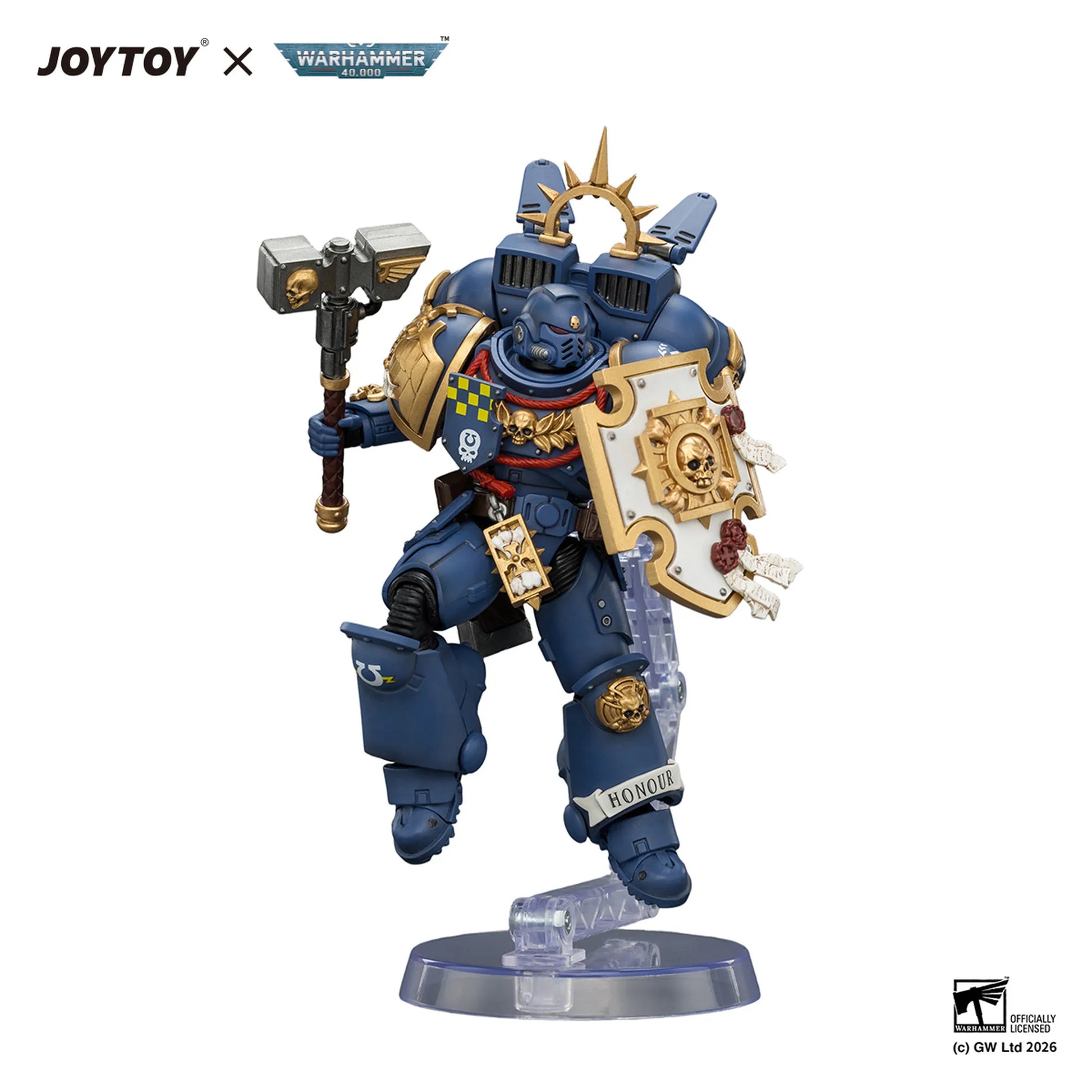 Toy figure with blue armor and gold accents, holding a weapon, on a white background with Joytoy and Warhammer branding.