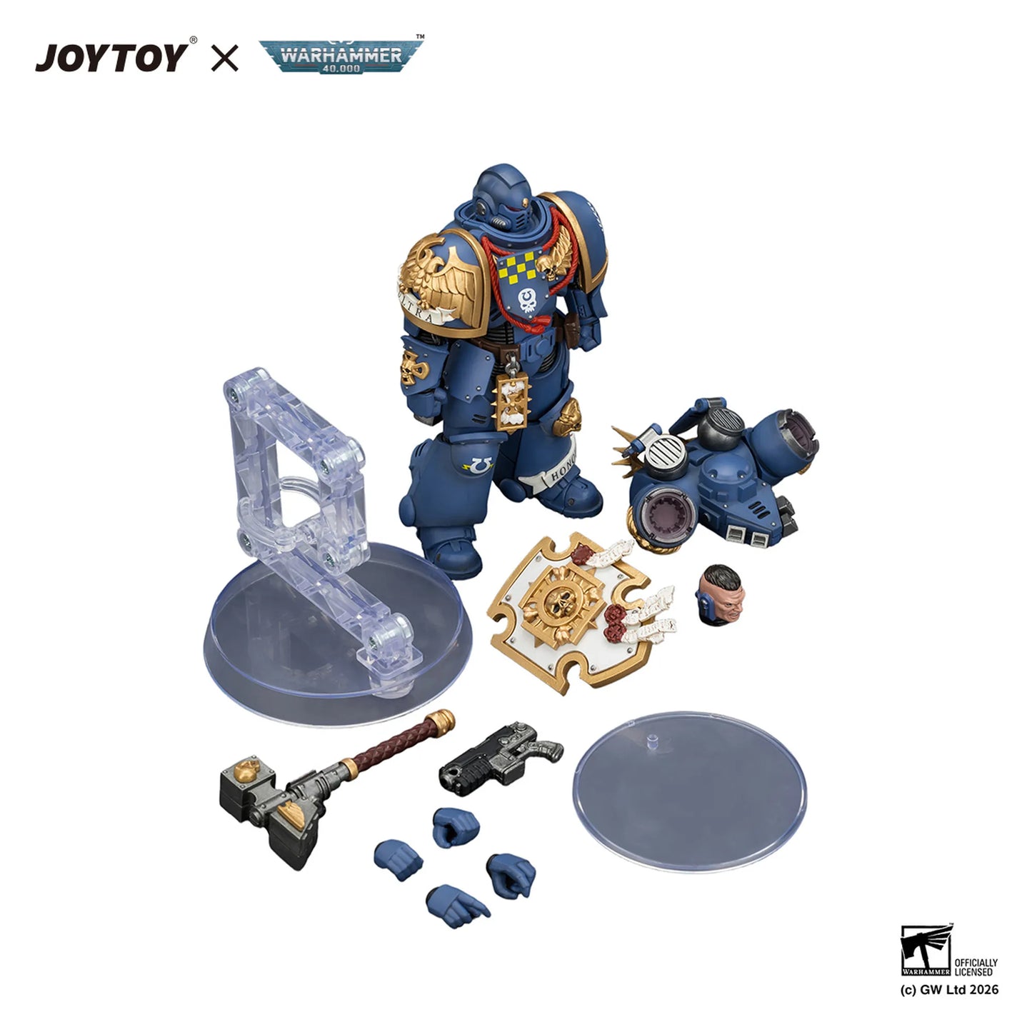 Toy figure with accessories on a white background, featuring JOYTOY and Warhammer branding.
