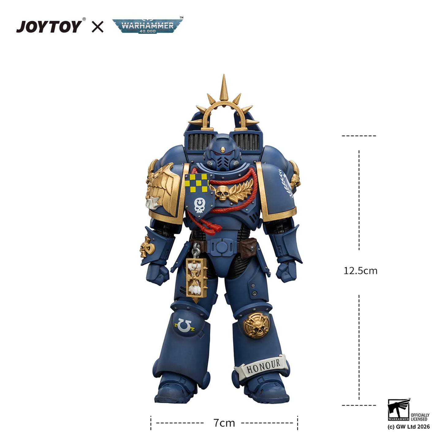Toy figure with detailed armor and measurements on a white background