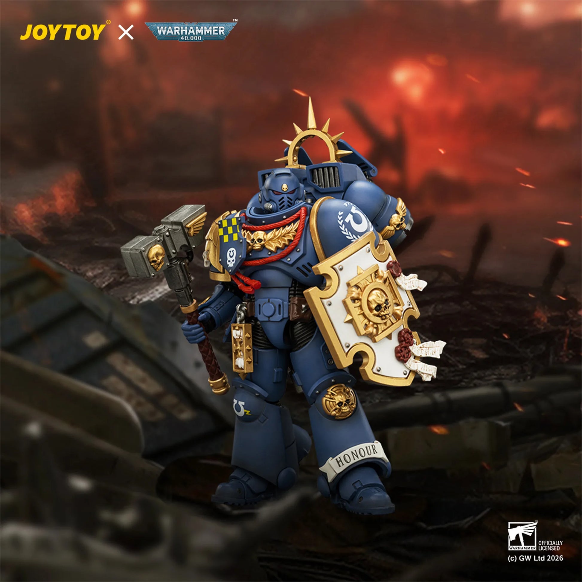Toy figure of a warrior in ornate armor with a shield and axe, set against a fiery battlefield background. Brand 'JOYTOY' and 'Warhammer' visible.