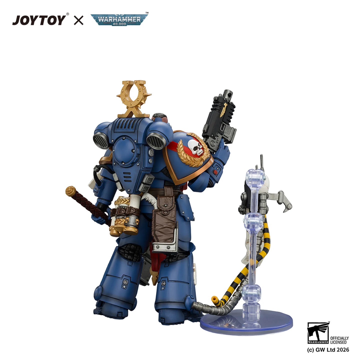 A detailed collectible figure of a blue Space Marine from Warhammer 40k, posed with a weapon and standing next to a clear display stand on a white background. JOYTOY and Warhammer 40k logos are visible at the top, and a Difficulty Killer logo is at the bottom right.