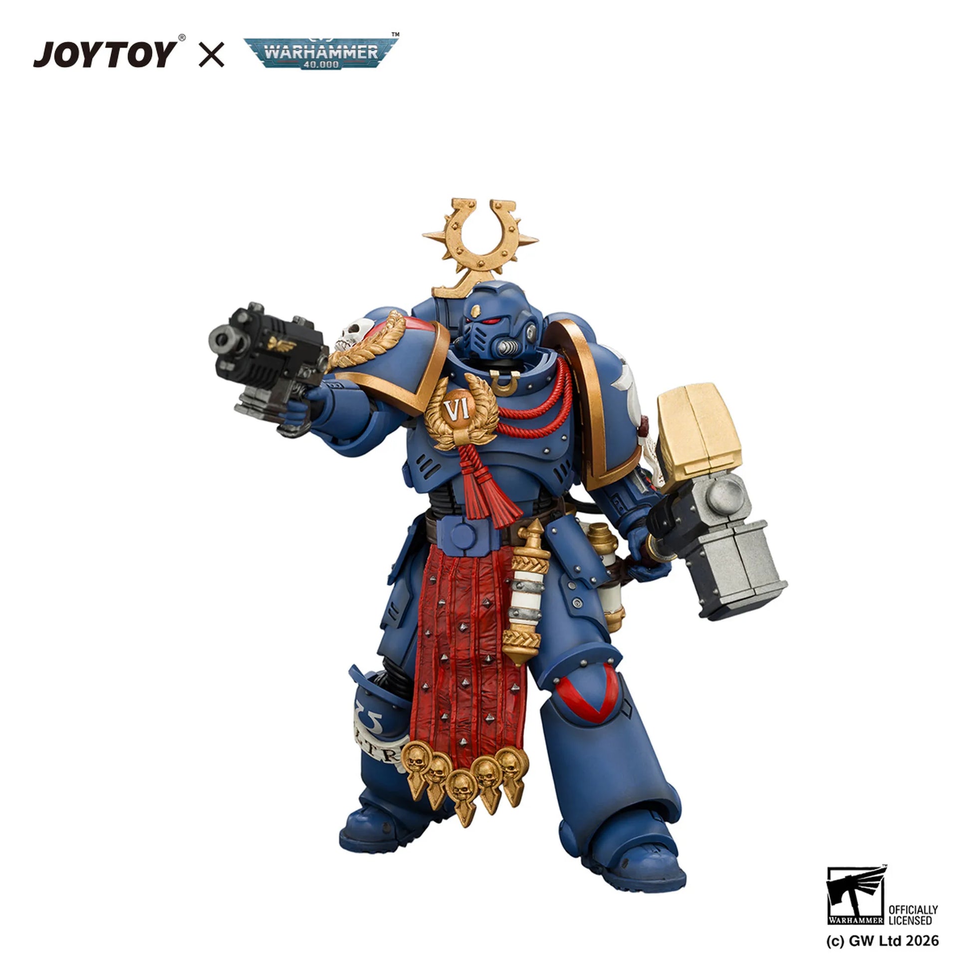 A detailed collectible action figure of a blue Space Marine warrior with gold and red accents, posed holding a black weapon in one hand and a hammer in the other, on a plain white background with JOYTOY and Warhammer 40k branding at the top.