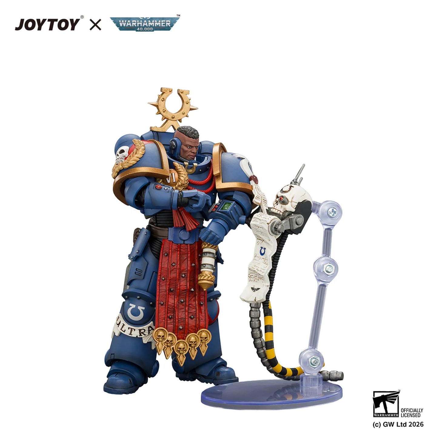 A detailed collectible action figure of a Warhammer 40k Space Marine on a clear display stand, featuring a blue and red armored warrior holding a white robotic arm. The image includes JOYTOY and Warhammer 40k branding at the top and a Difficulty Rating logo at the bottom right, set against a plain white background.