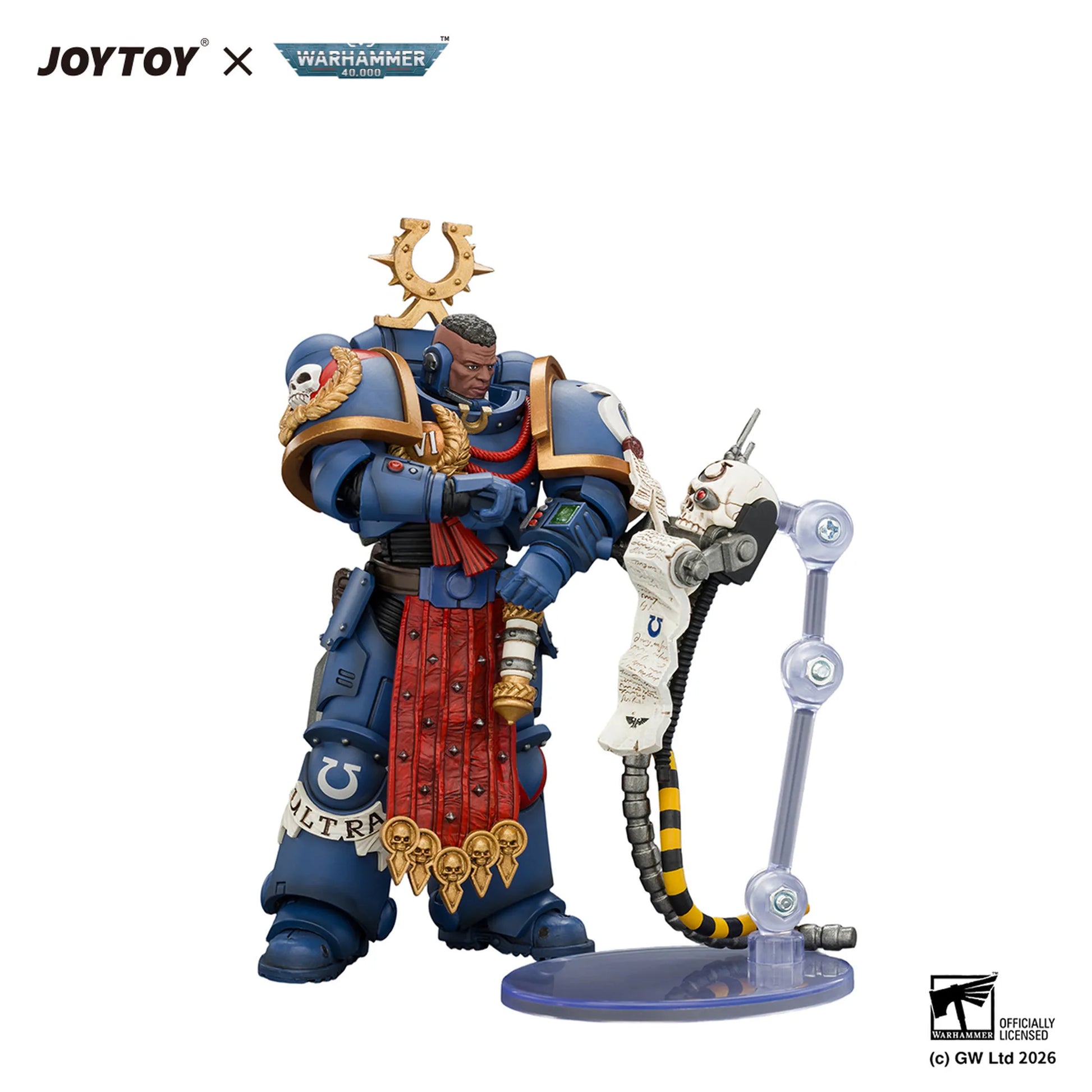 A detailed collectible action figure of a Warhammer 40k Space Marine on a clear display stand, featuring a blue and red armored warrior holding a white robotic arm. The image includes JOYTOY and Warhammer 40k branding at the top and a Difficulty Rating logo at the bottom right, set against a plain white background.