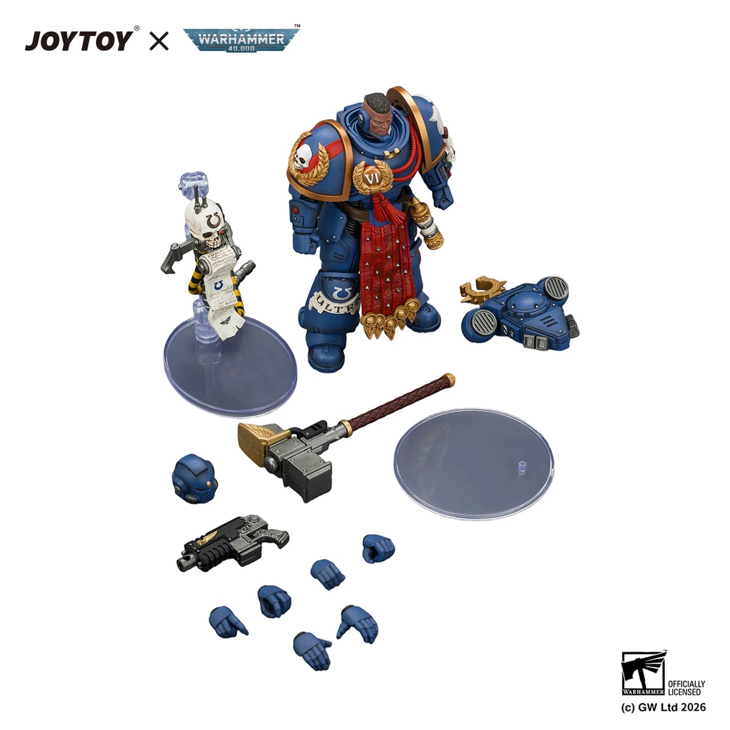 JOYTOY x Warhammer 40k Space Marine 6th Edition action figure set on a white background, featuring a blue armored space marine figure, alternate hands, a weapon, a helmet, and display bases.