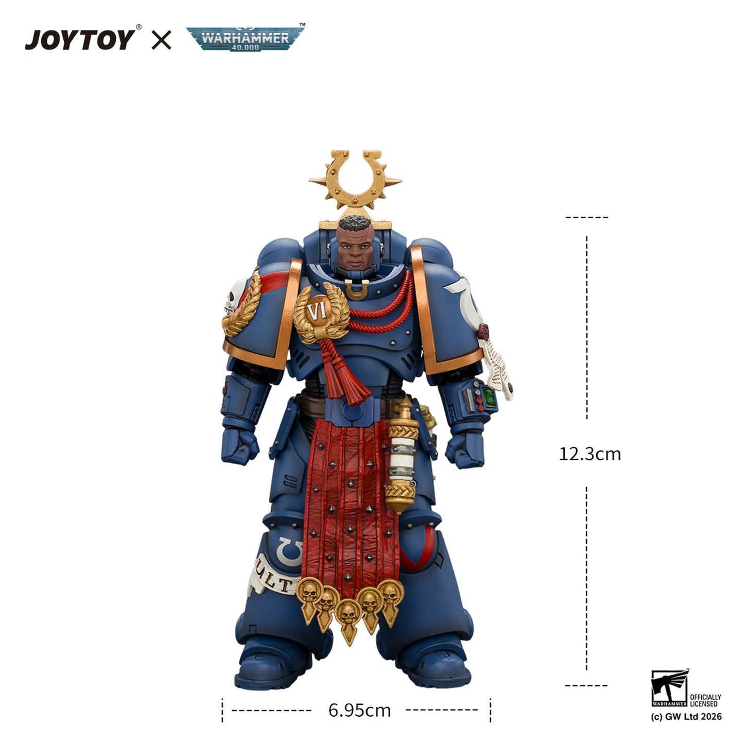 Warhammer 40k JoyToy Space Marine action figure shown with dimension markings of 12.3cm height and 6.
