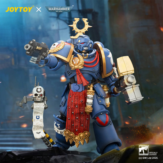 A detailed JOYTOY x Warhammer 40k Space Marine figure in blue armor with gold and red accents, holding a rifle and a hammer, standing next to a small white skull-faced robot in a dark, atmospheric battle scene.
