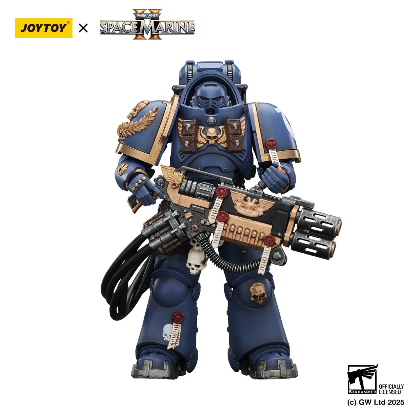 Toy figure of a Space Marine with detailed armor and weapon, featuring Joytoy and Games Workshop logos.
