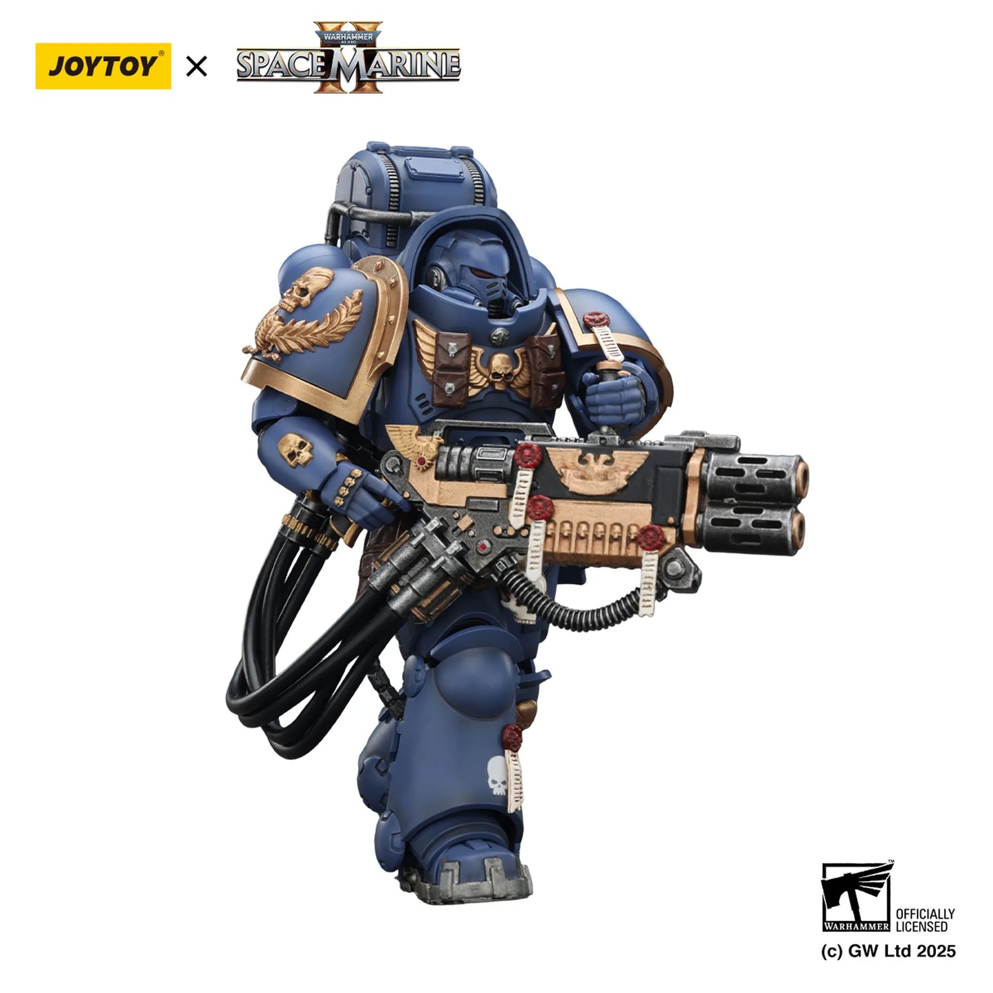 Toy figure of a Space Marine with detailed armor and weapon, featuring Joytoy and Games Workshop logos.