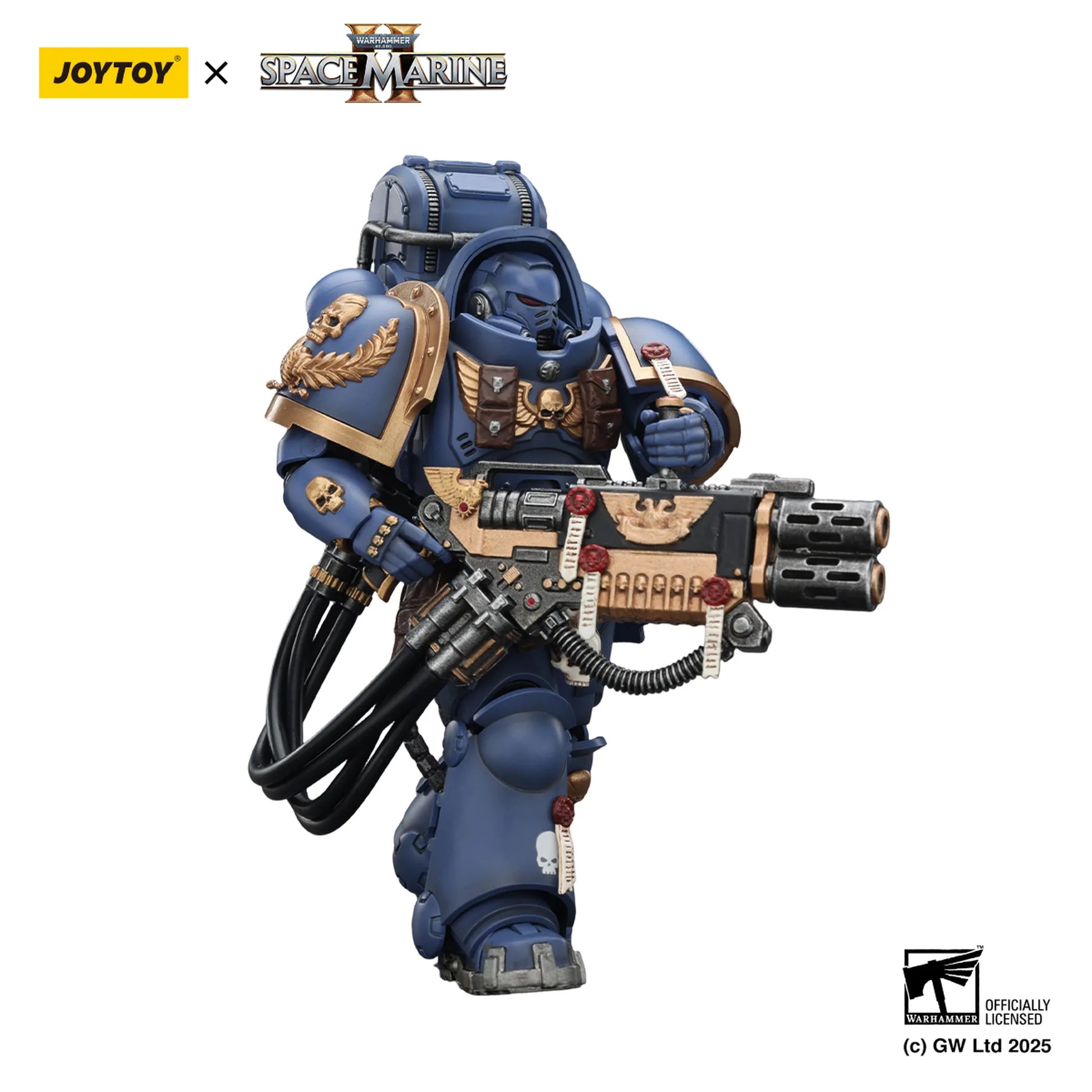 Toy figure of a Space Marine with detailed armor and weapon, featuring Joytoy and Games Workshop logos.