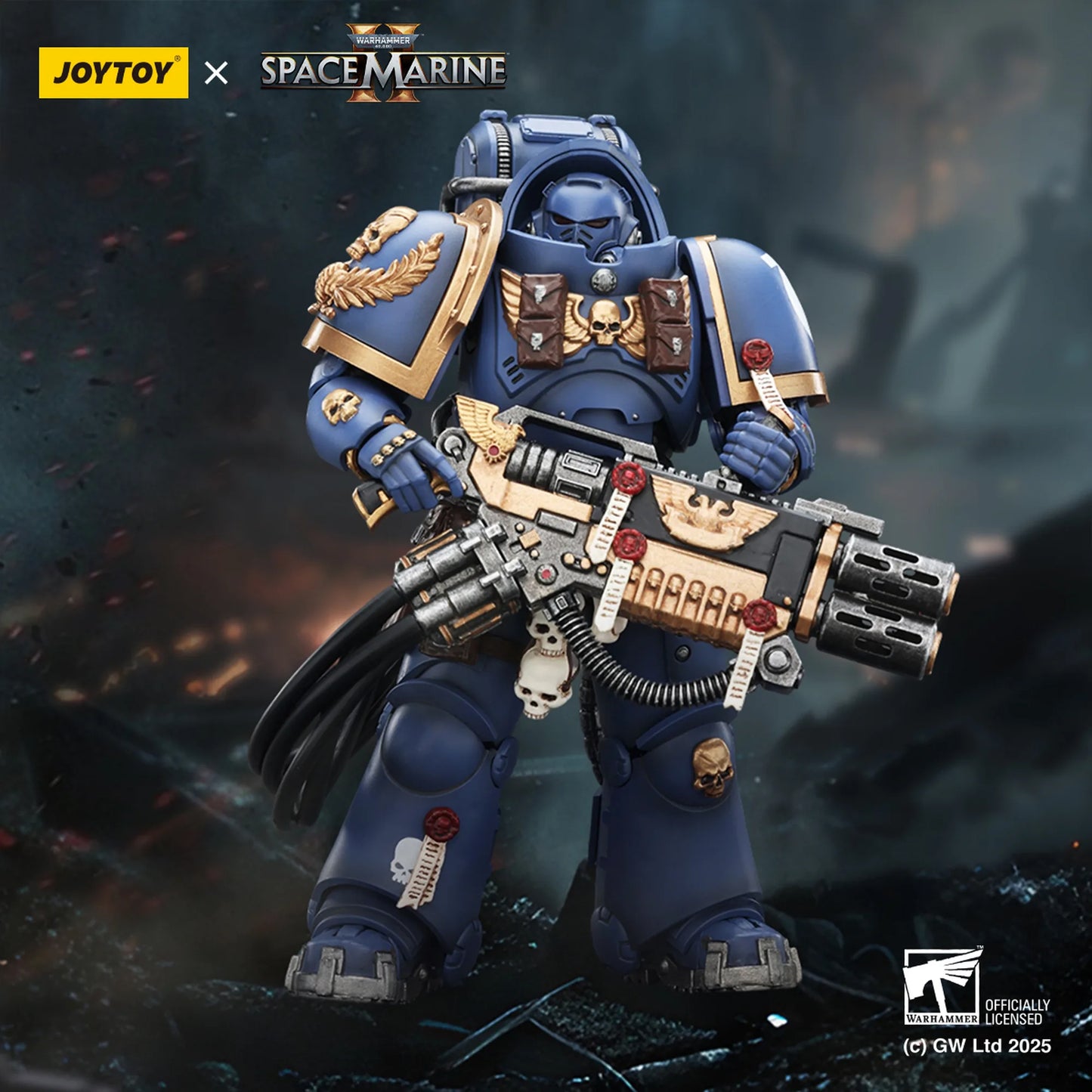 Space Marine figurine with weapon, JOYTOY and Space Marine branding visible