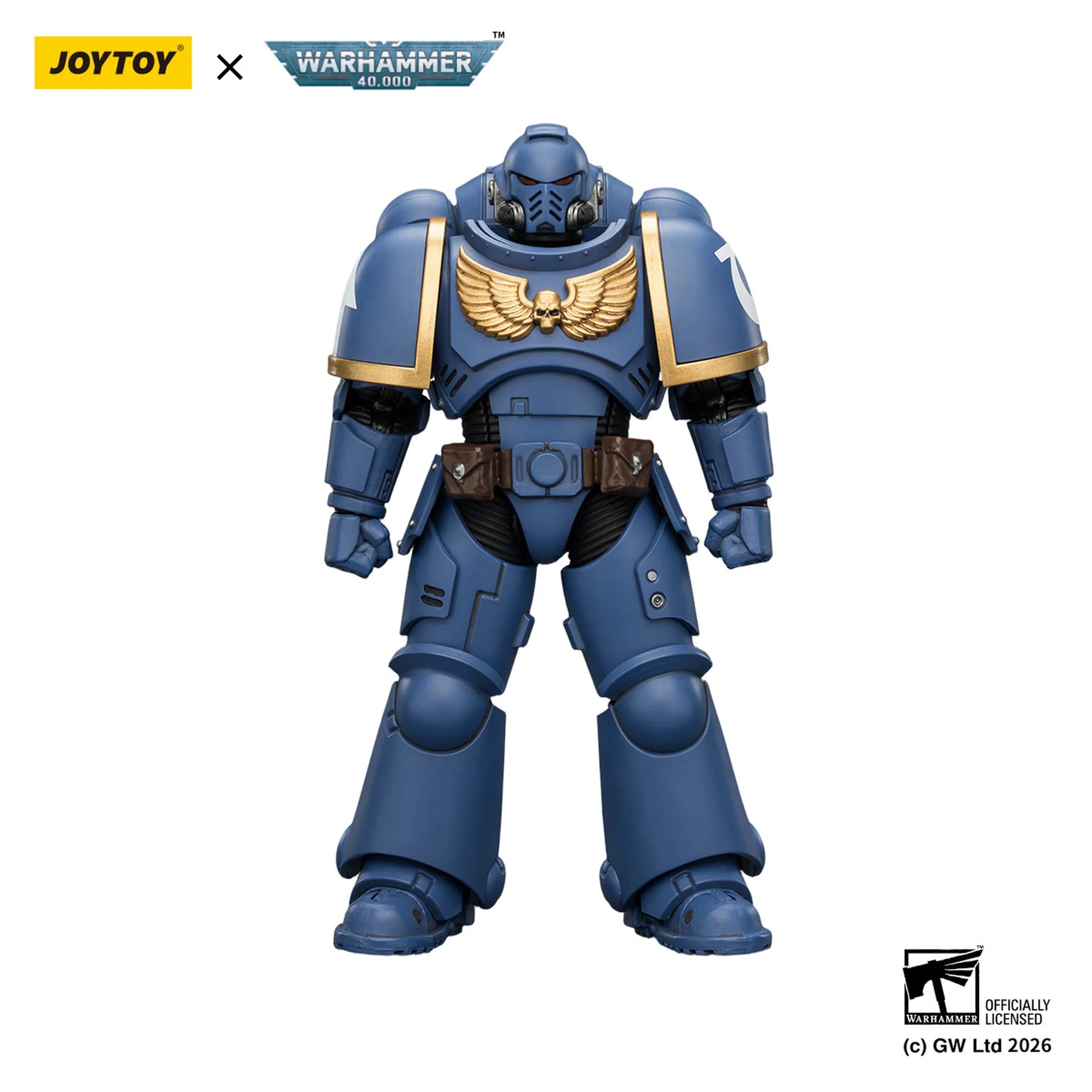 Blue action figure with gold accents on a white background, featuring Joytoy and Warhammer branding.