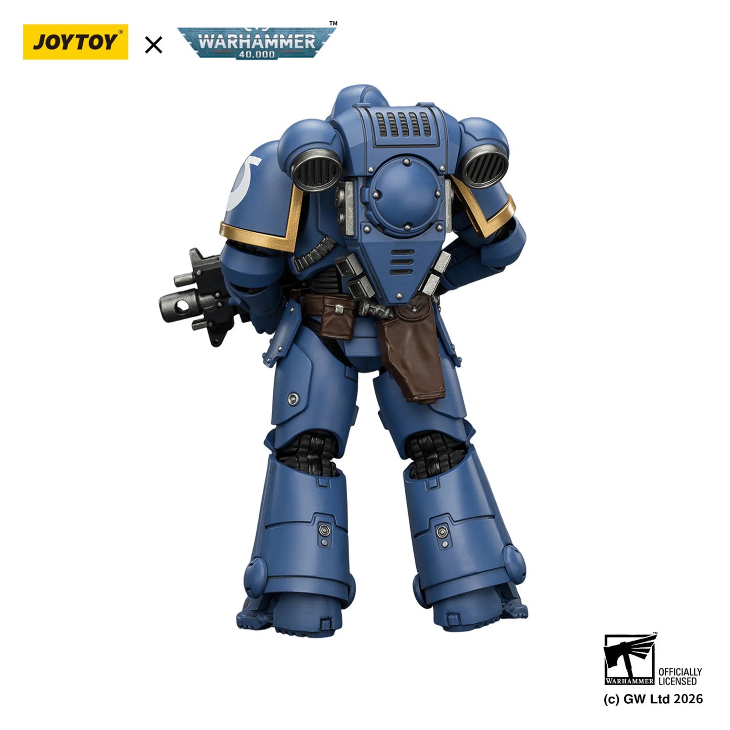 Blue robot figure with Joytoy and Warhammer branding on a white background