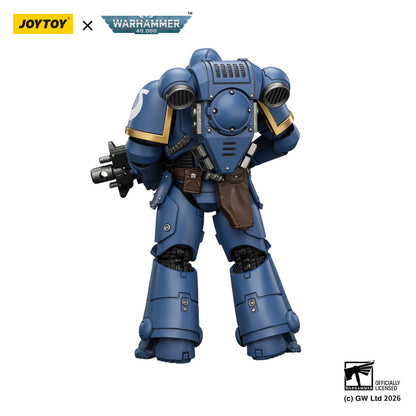 Blue robot figure with Joytoy and Warhammer branding on a white background