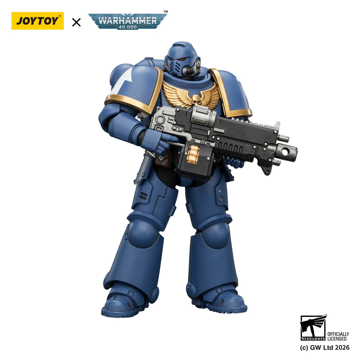 Toy figure of a warrior in blue armor with a weapon, branded with Joytoy and Warhammer on a white background.