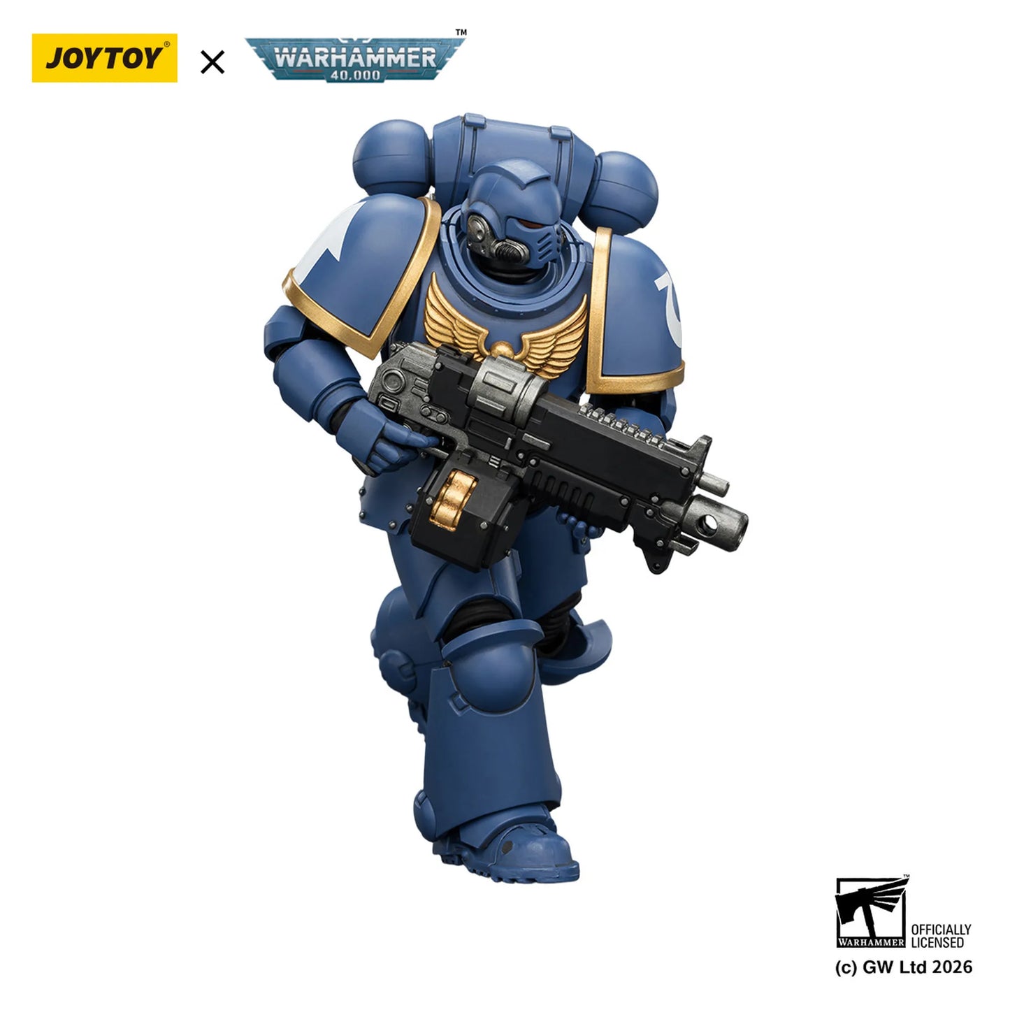 Toy figure in blue armor with a weapon, branded with Joytoy and Warhammer on a white background.
