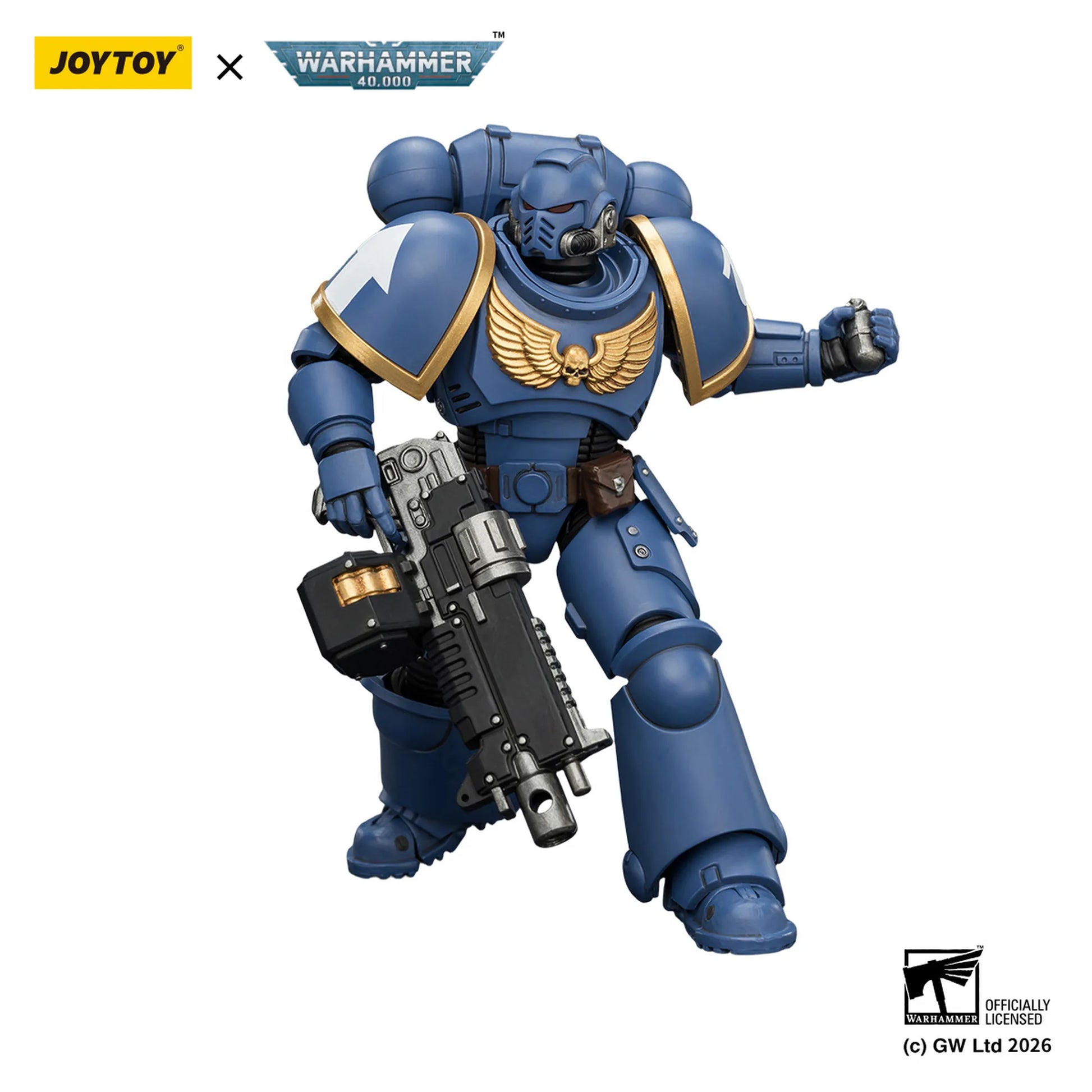 Toy figure in blue armor with a weapon, branded with Joytoy and Warhammer on a white background.