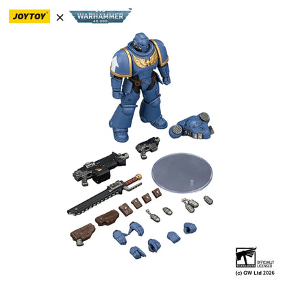 Toy figure with accessories on a white background, featuring Joytoy and Warhammer branding.