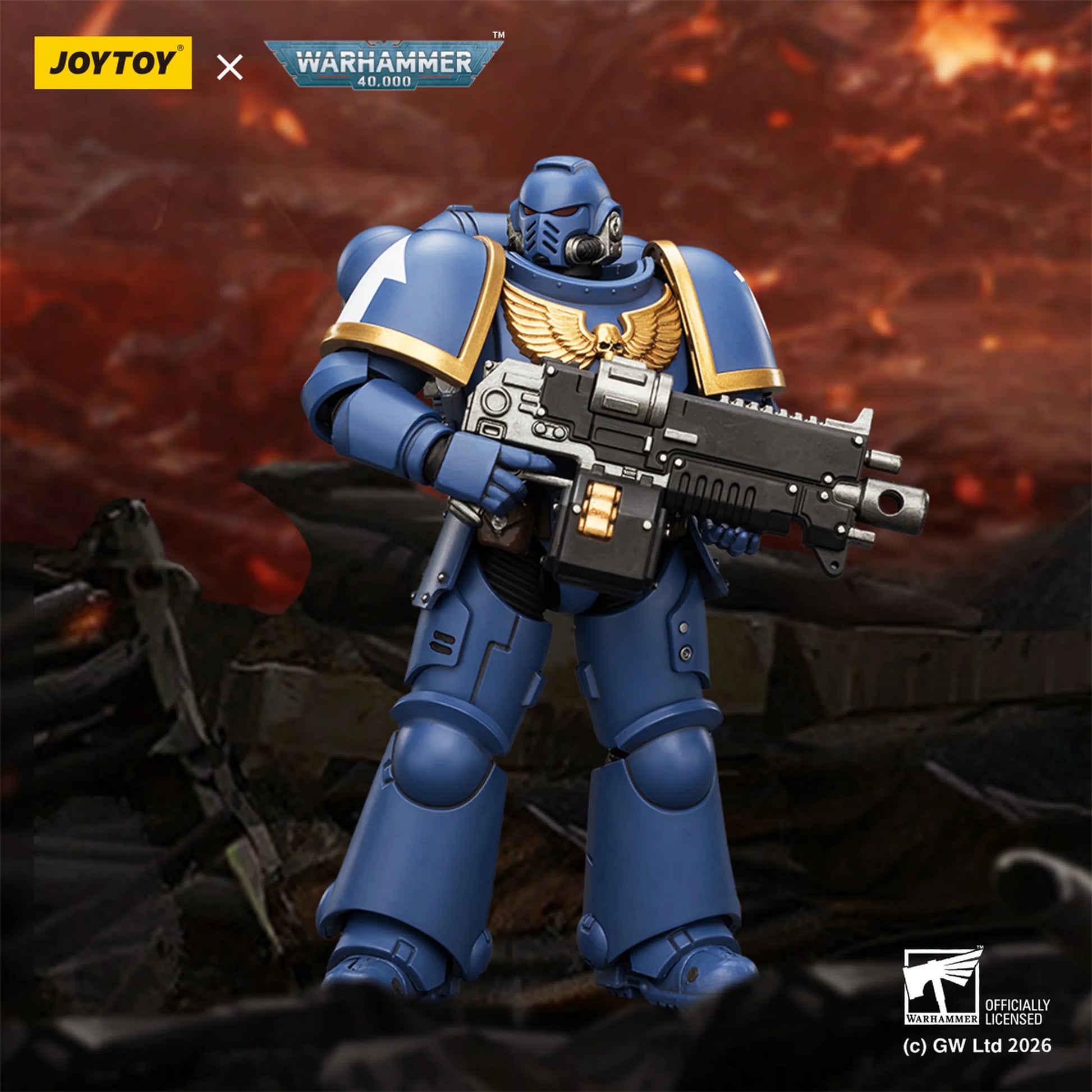Toy figure of a warrior in blue armor with a weapon, set against a fiery background, featuring Joytoy and Warhammer branding.