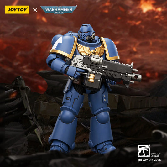 Toy figure of a warrior in blue armor with a weapon, set against a fiery background, featuring Joytoy and Warhammer branding.