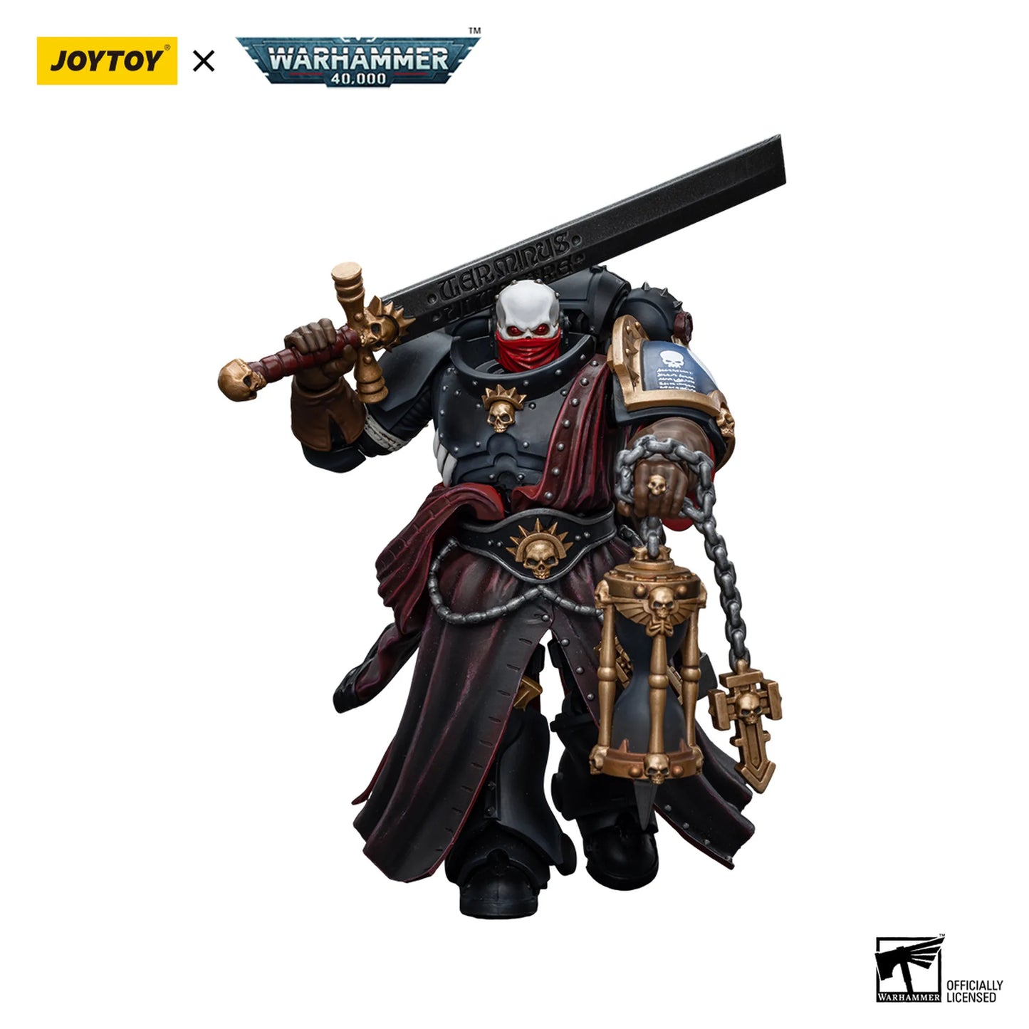 Warhammer figurine with a sword, featuring JoyToy and Warhammer logos.