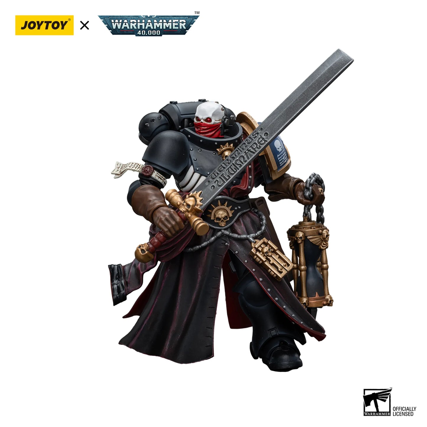 Warhammer 40,000 figurine with weapons on a white background, featuring Joytoy and Warhammer logos.
