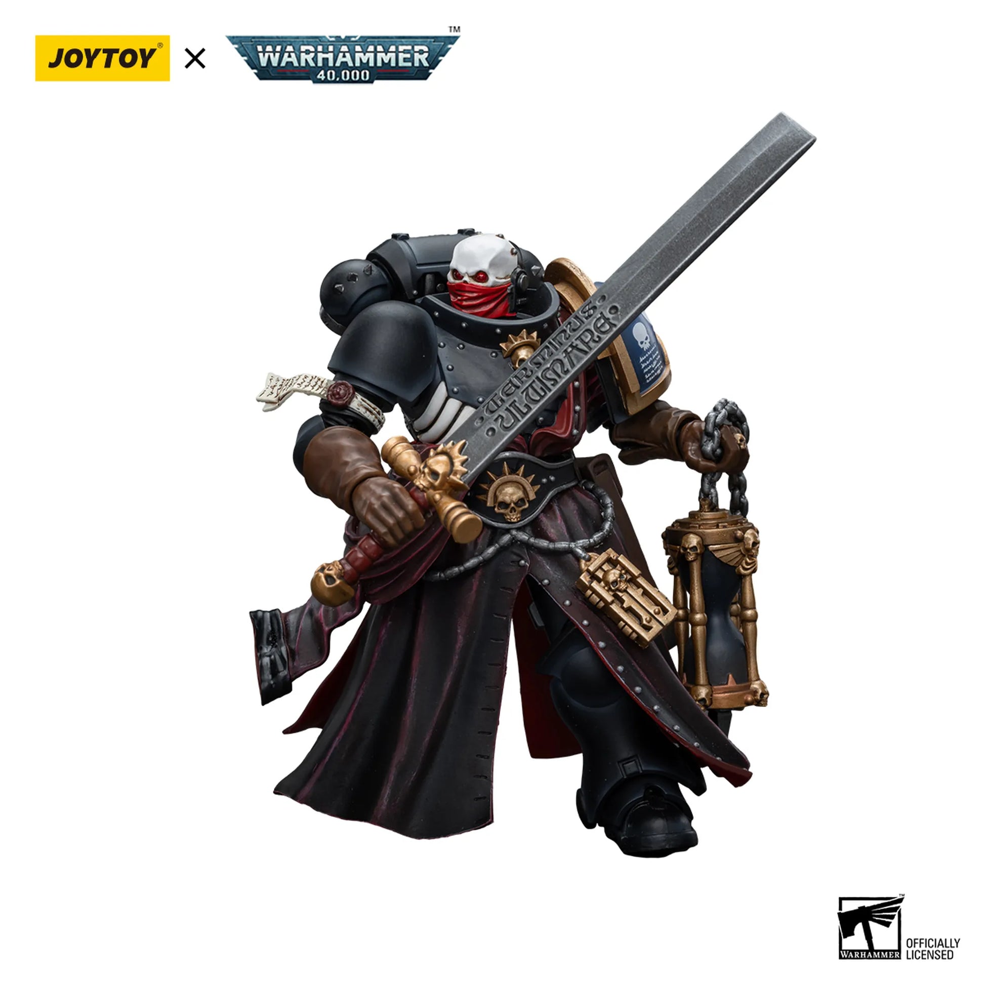 Warhammer 40,000 figurine with weapons on a white background, featuring Joytoy and Warhammer logos.