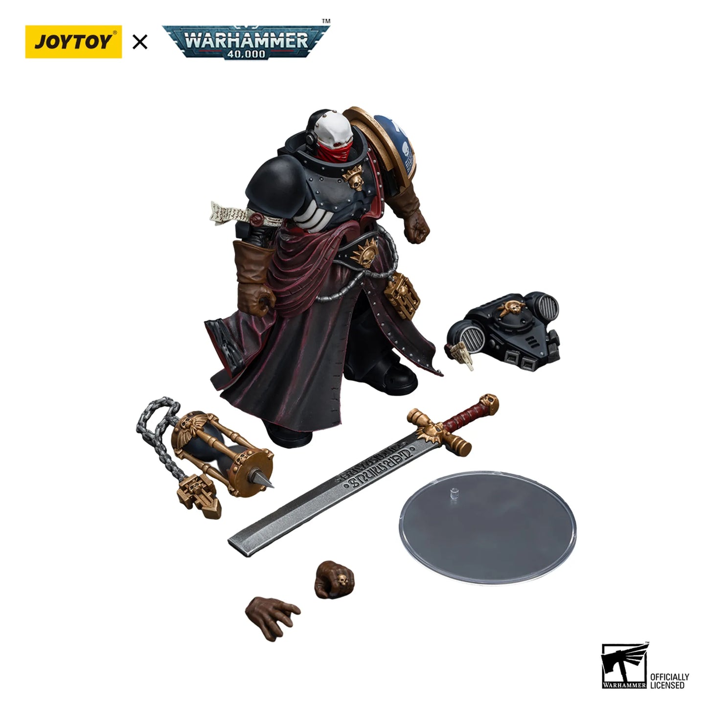 Toy figure with accessories on a white background, featuring Joytoy and Warhammer branding.