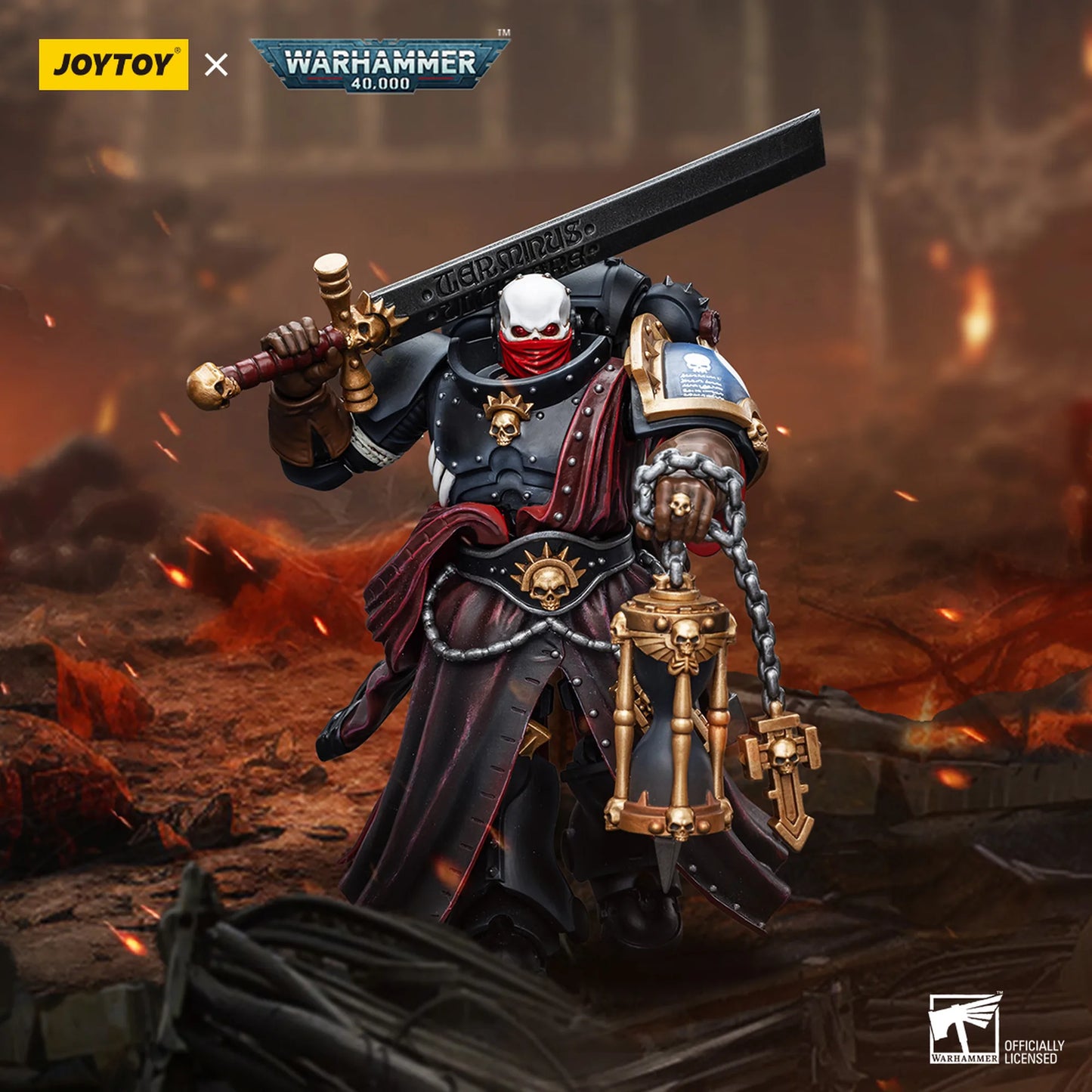 Warhammer 40,000 figurine with sword in a fiery battlefield setting, featuring JoyToy branding.