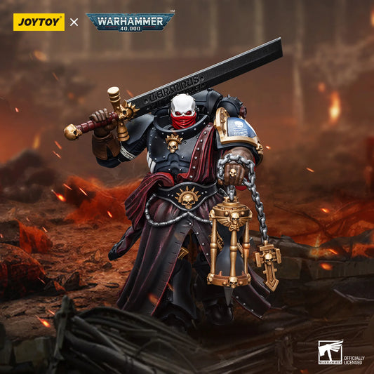 Warhammer 40,000 figurine with sword in a fiery battlefield setting, featuring JoyToy branding.