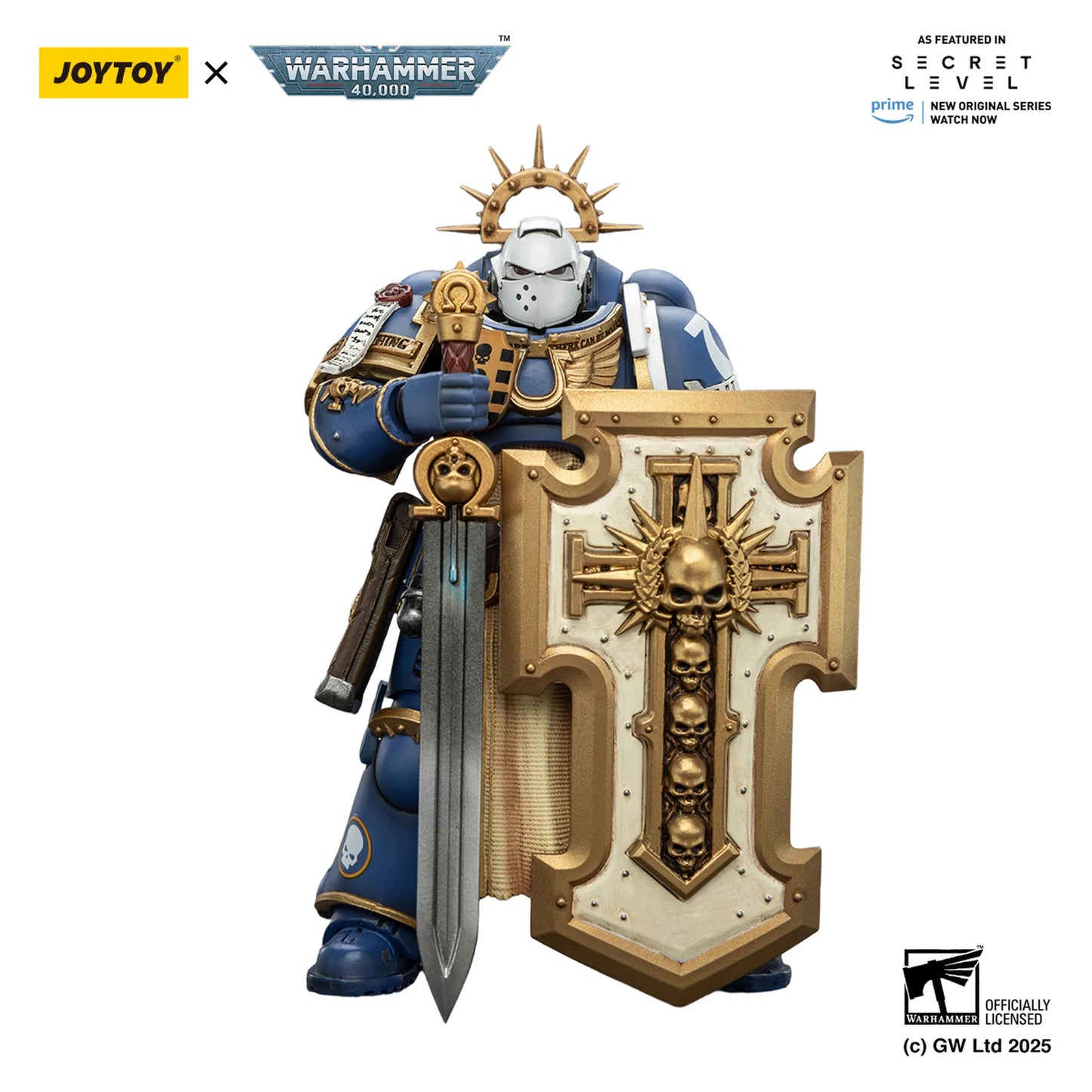 Warhammer 40,000 figurine with a large ornate shield on a white background, featuring Joytoy and Warhammer logos.