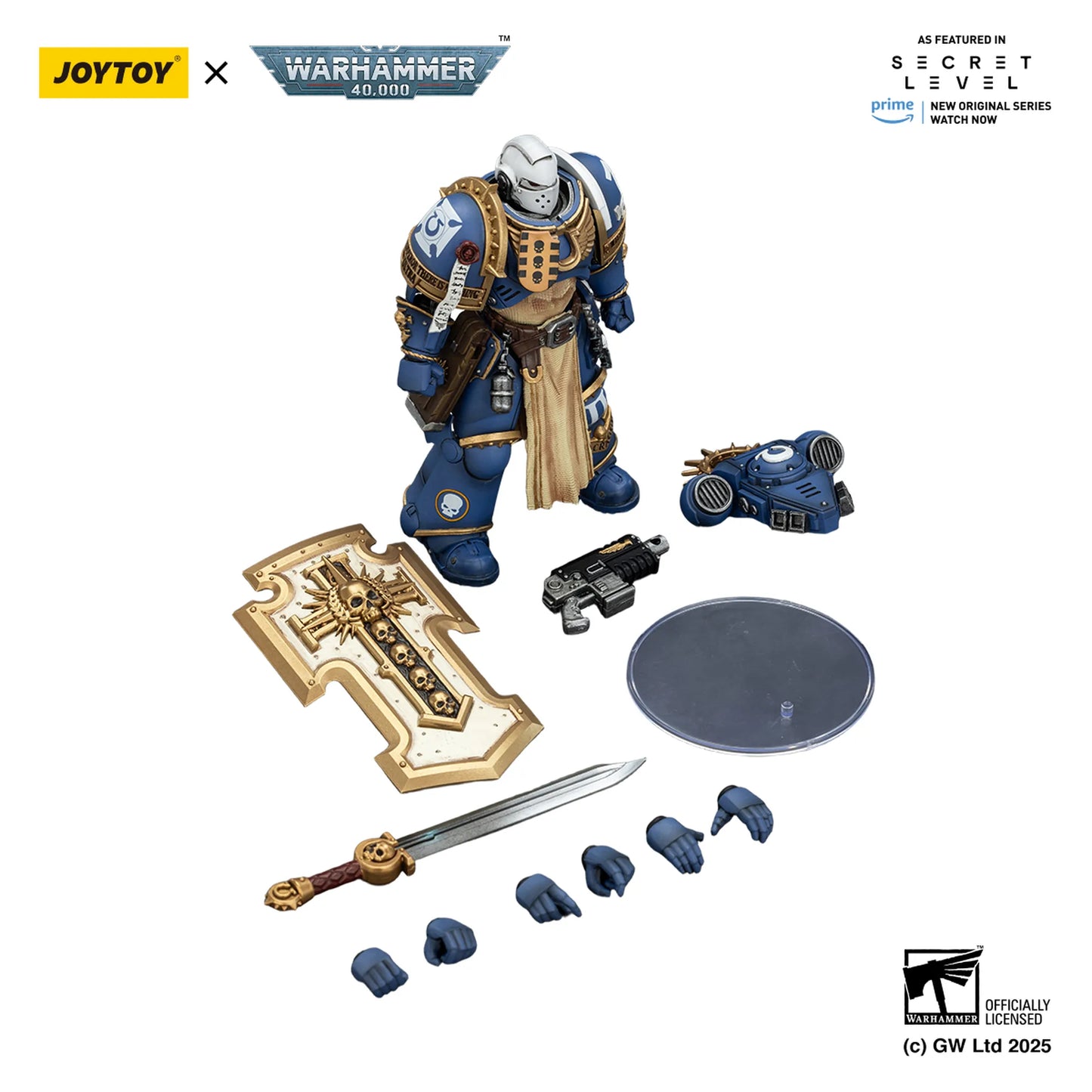 Toy figure with accessories on a white background, featuring Joytoy and Warhammer branding.