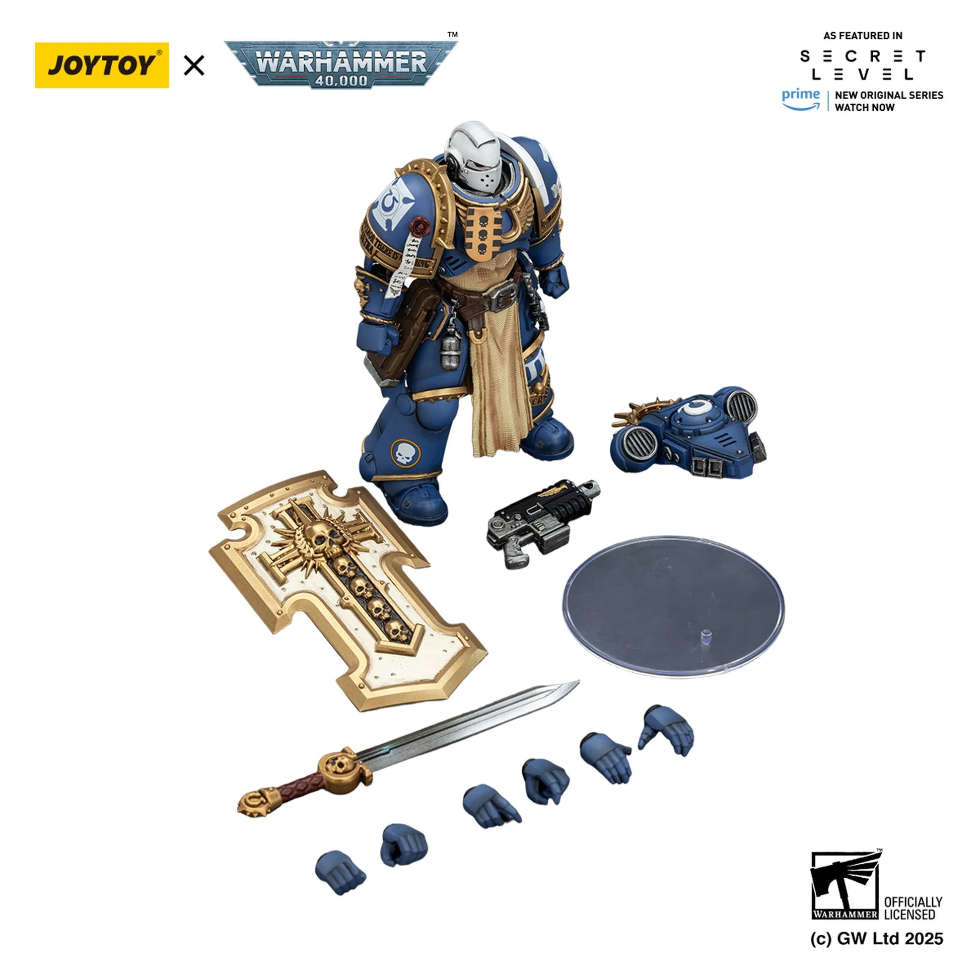 Toy figure with accessories on a white background, featuring Joytoy and Warhammer branding.