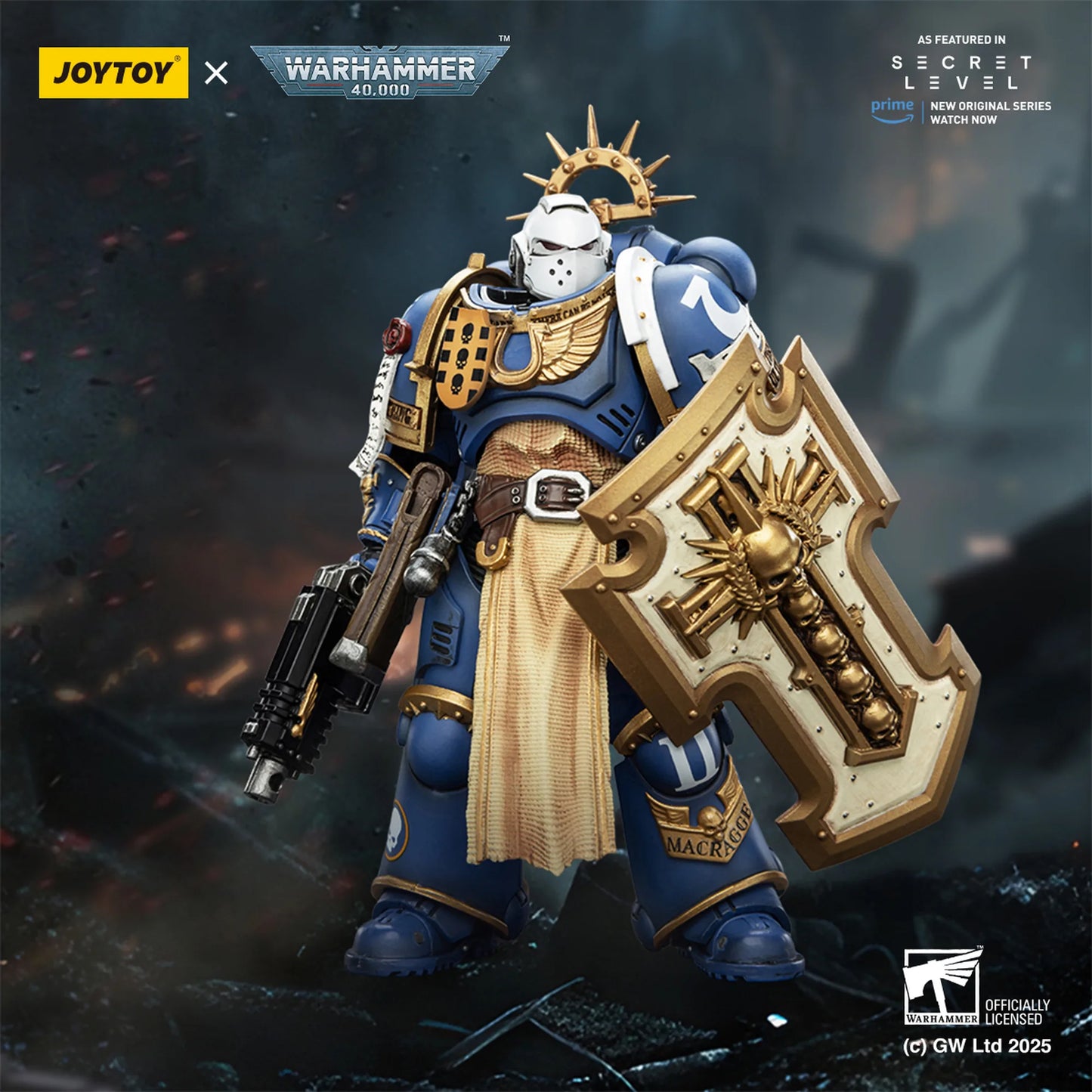 Warhammer 40k figurine with Joytoy branding on a dark background
