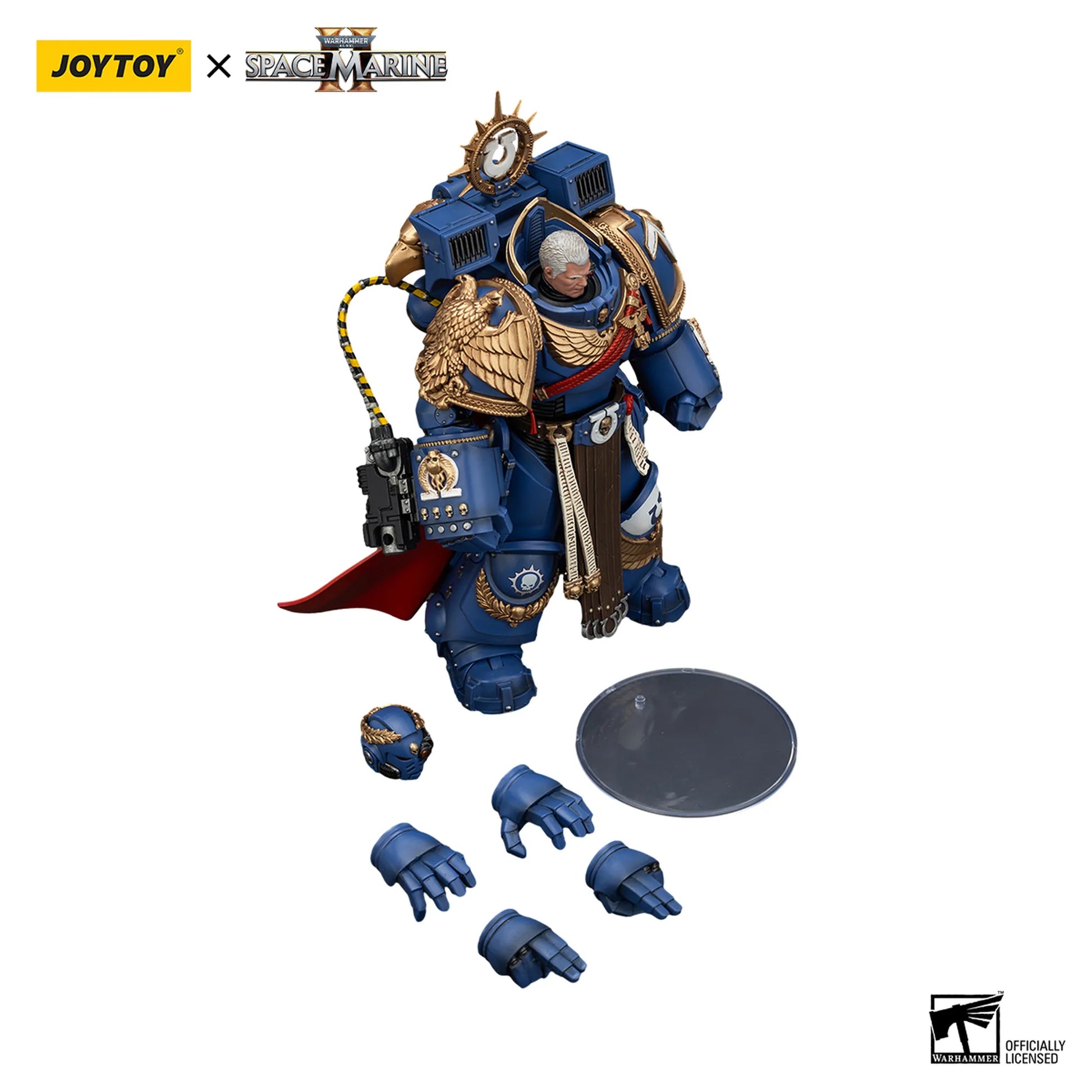 Toy figure of a Space Marine with accessories on a white background, featuring Joytoy and Space Marine branding.