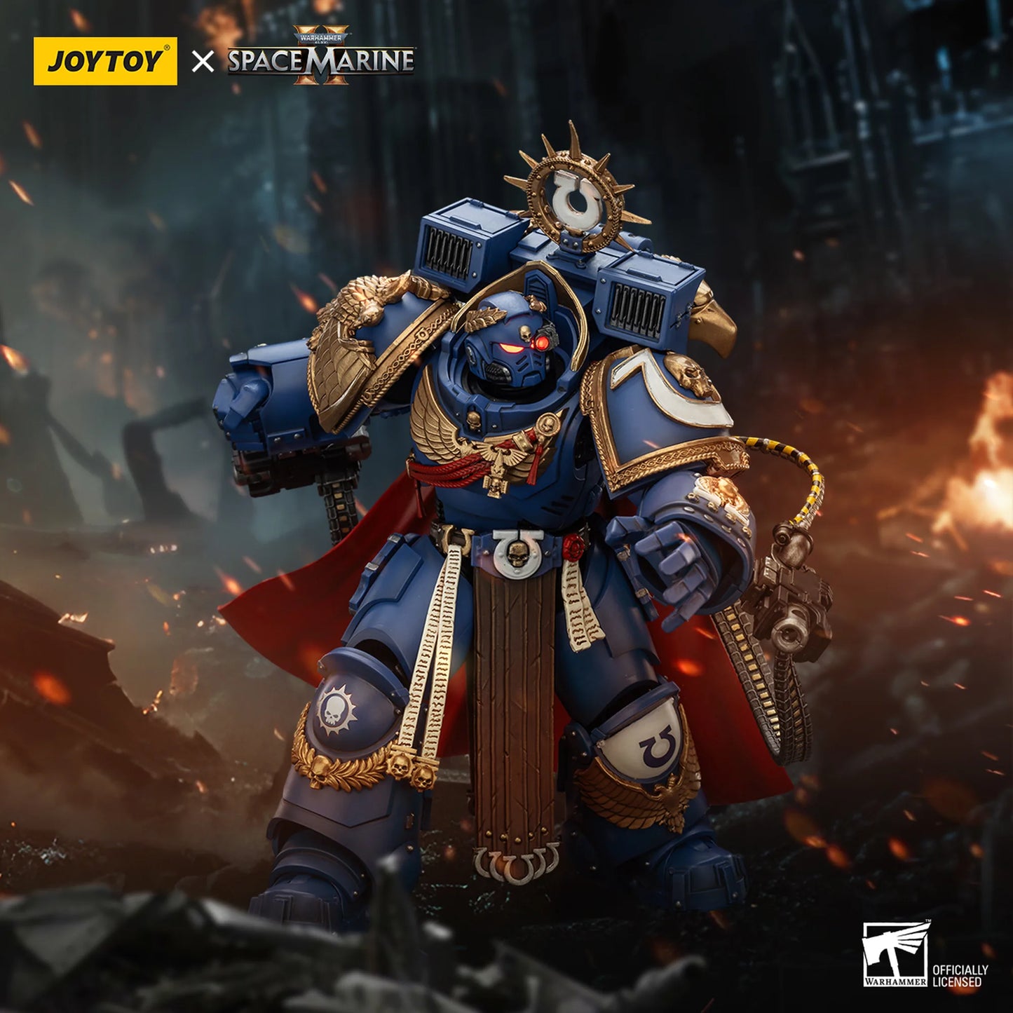 Toy figure of a Space Marine with detailed armor and weapons, set against a dark, fiery background.
