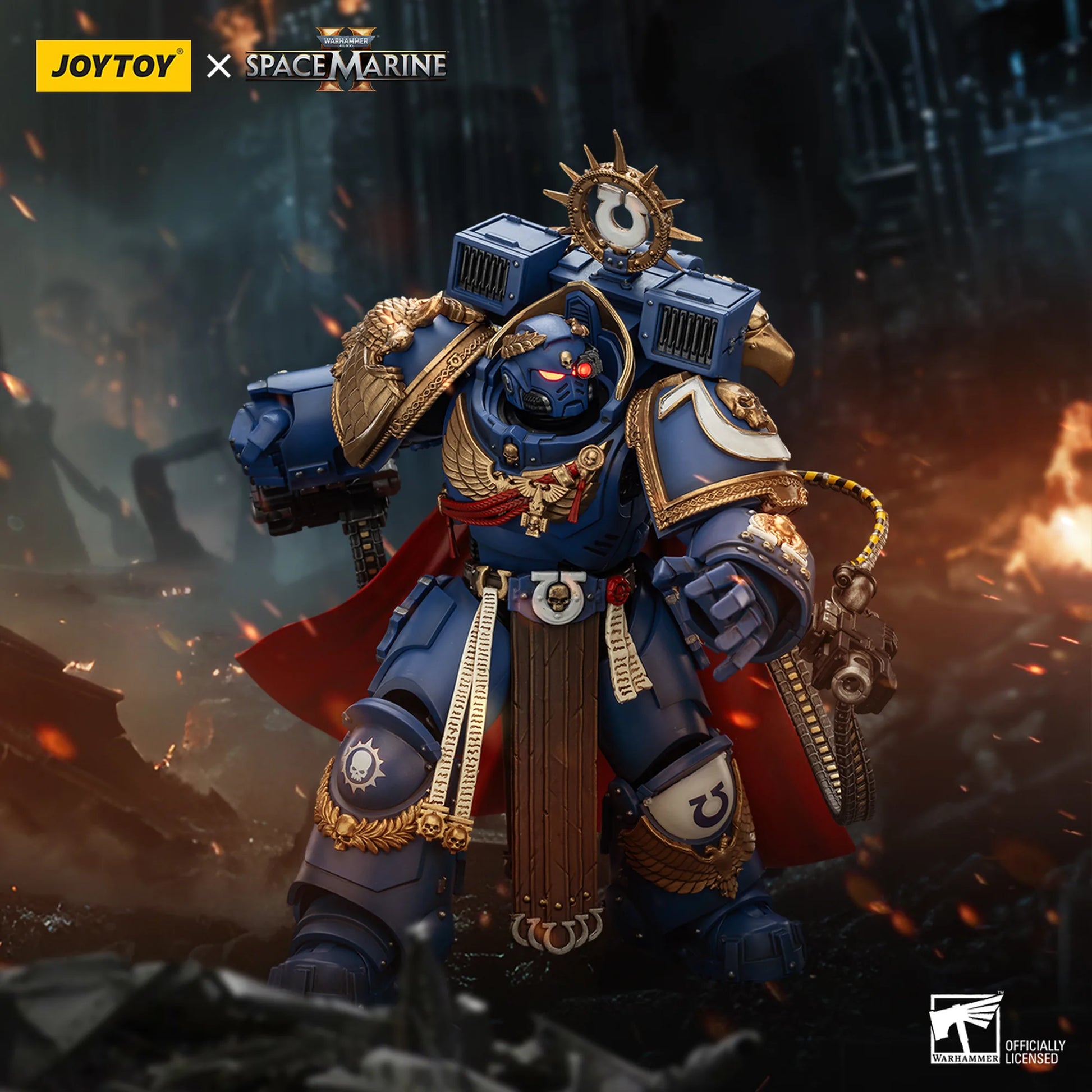 Toy figure of a Space Marine with detailed armor and weapons, set against a dark, fiery background.