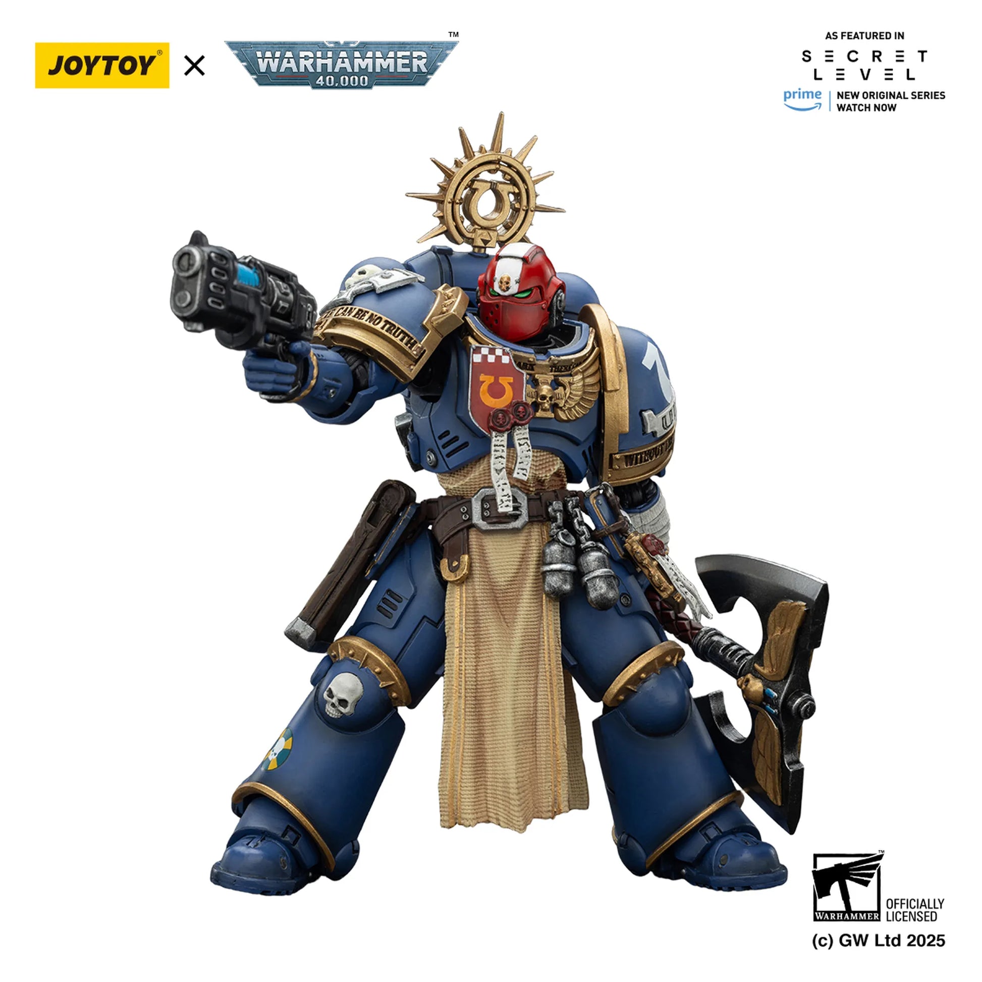 Toy figure of a warrior in blue armor with a weapon, featuring Joytoy and Warhammer branding.